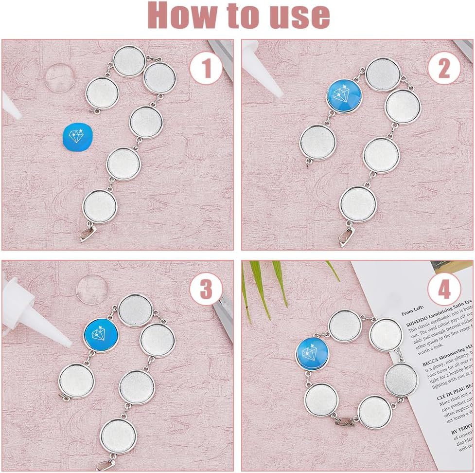 DICOSMETIC 6 Sets Cabochon Bracelet Chain Blank Alloy Bracelet Cabochon Setting Tray with Glass Cabochon Platinum 8.27" Bezel Bracelet Blank Bangle for Jewelry Making, Tray: 20mm - Image 4