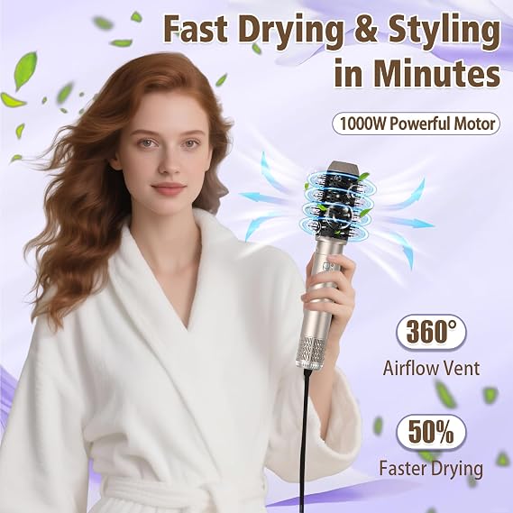 6 in 1 Hot Air Styler, Magic Styler Air Brush Hair Wrap Curler, 1000W Powerful Negative Ionic Hot Airbrush Airstyler, Smooth Hair Styler for Drying, Curling, Volumizing, Straightening, All Hair Types