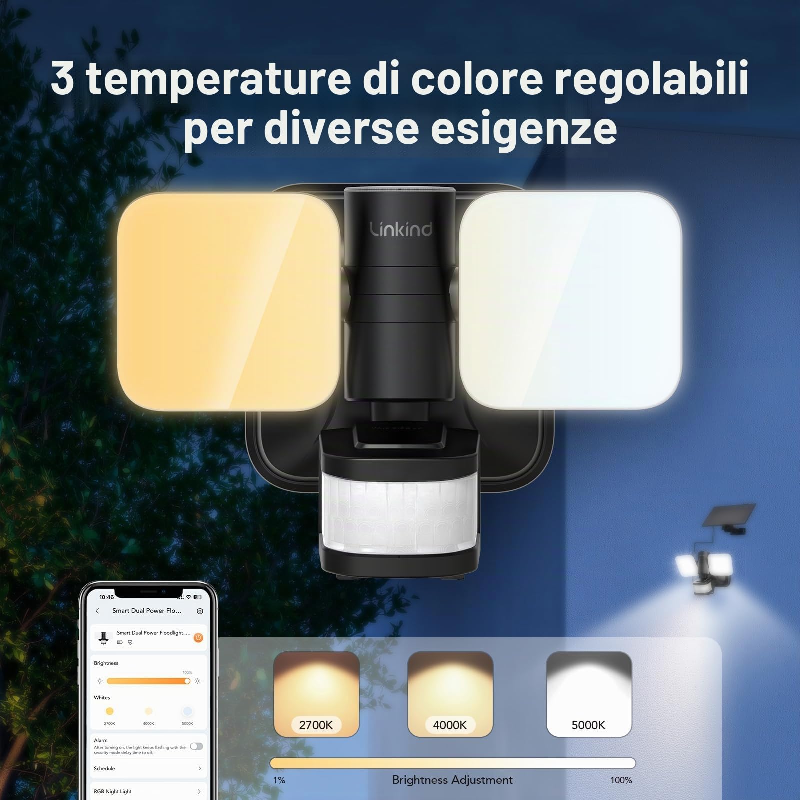 Linkind Faretto da esterno intelligente con doppia alimentazione, proiettore LED a doppia alimentazione da 25 W con energia solare ed elettrica, luce da esterno IP65 da 3000LM con sensore di movimento