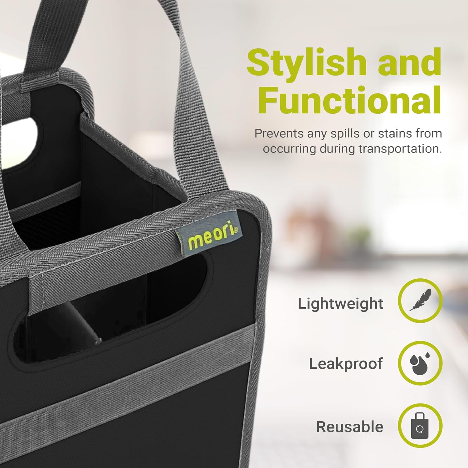meori Foldable 4 Bottle Wine Tote Lava Black Organize Crate Glass Dividers Stylish Travel Storage Box Liquor Spirits Tastings Grocery Shopping Hostess Gift (A100813)