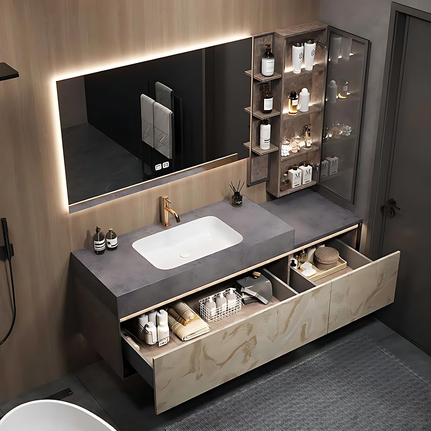 Bathroom Vanity with Sink- Modern Bathroom Sink Vanity with Smart LED Defog Mirror ? 2 Drawers, Solid Wood Bathroom Cabinet, Wall Mounted (White, 44'')