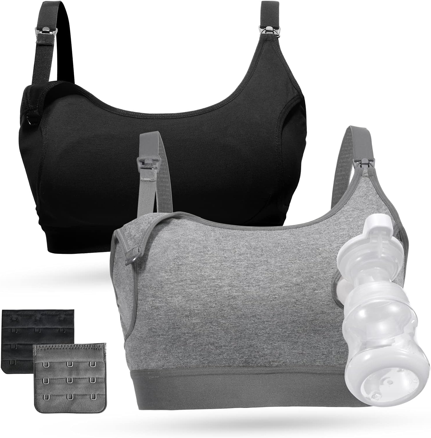 Pumping Bra Hands Free, Pumping and Nursing Bra in One Holding Breast Pump for Spectra, Lansinoh, Medela, Black,grey-2pk, Large