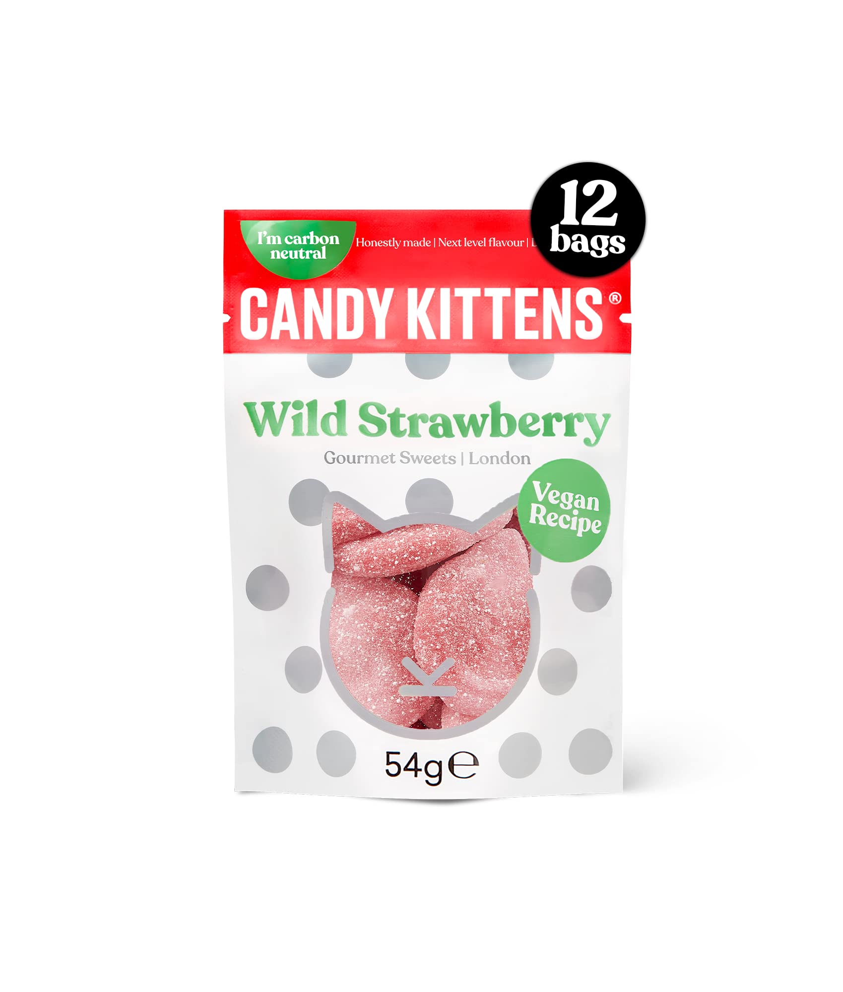 Candy Kittens Wild Strawberry Vegan Gourmet Sweets - Palm Oil Free Gummy Sweets Made with Fruit Juice & Natural Flavours, Bulk Buy (12 x 54g)