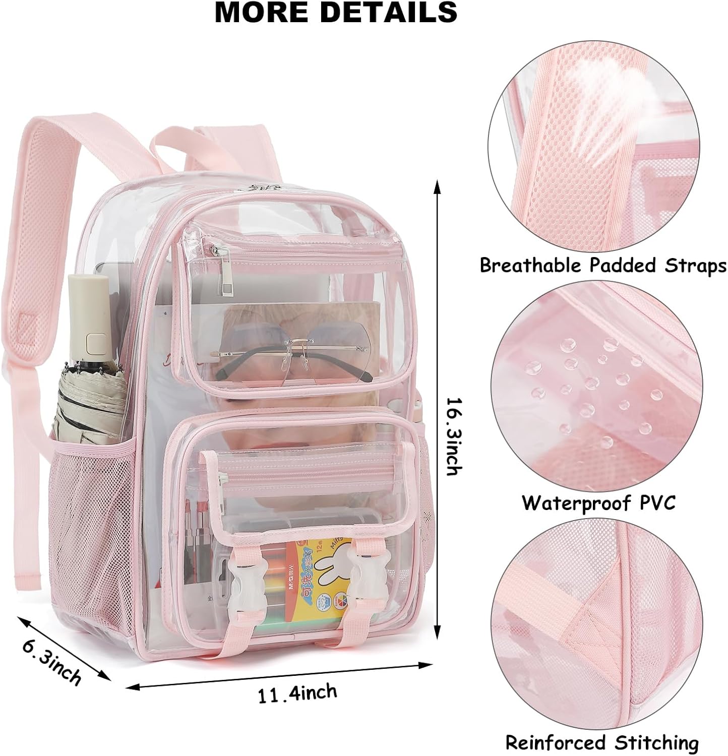 Clear School Backpack for Girls Boys, Heavy Duty PVC See Through Transparent Bookbag for Kids Women Men (Light Pink) - Image 4
