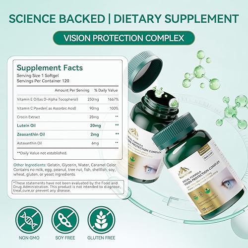 Miniatura 2 de Suplementos de luteína y zeaxantina - Complejo de protección visual 6 en 1 con luteína de 20 mg, zeaxantina, astaxantina, Crocina, vitamina C y E,