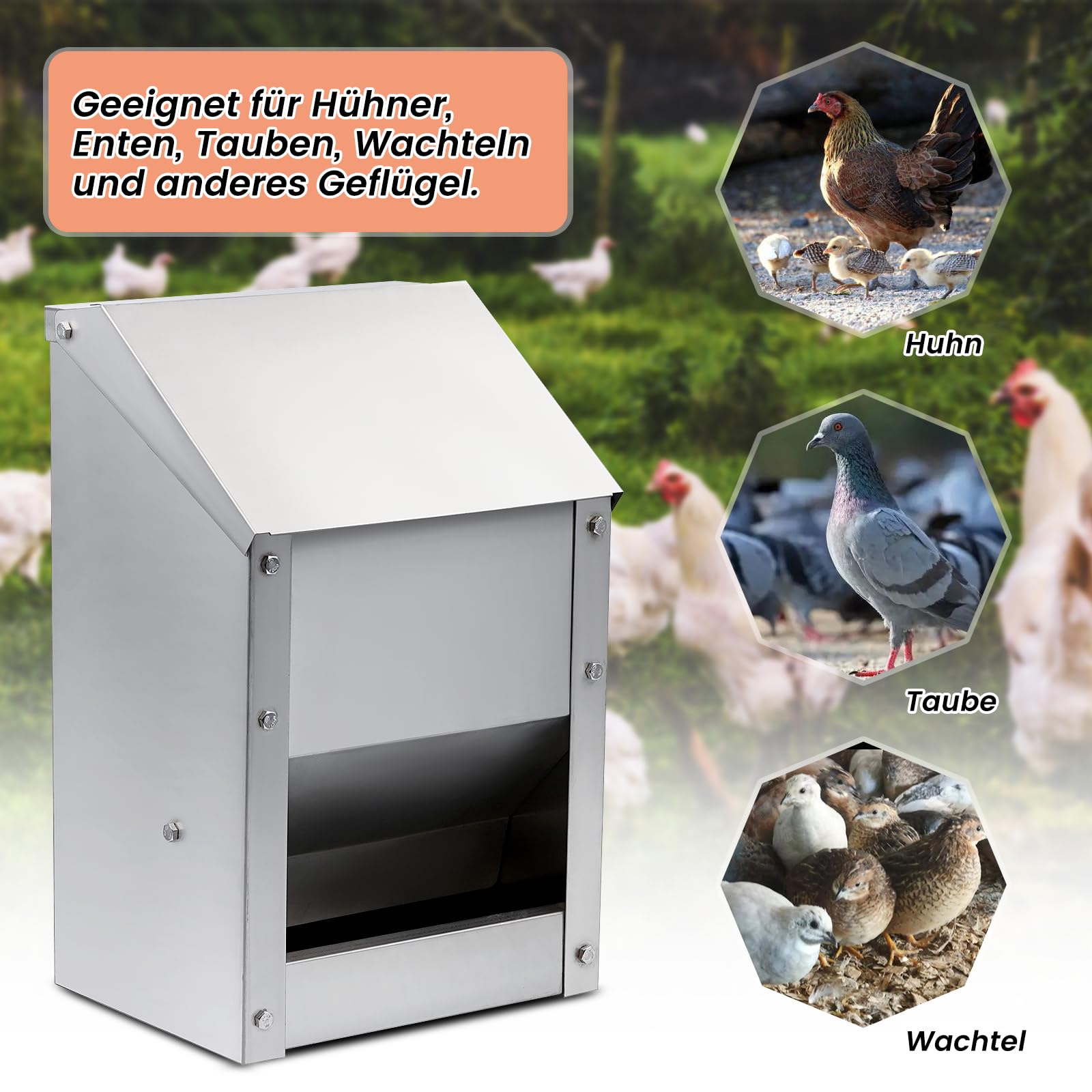 4.5kg Futterautomat Hühner Hühnerfutter Automat Hängend Geflügelfutterautomaten mit Deckel aus Edelstahl Aufhängbar HüHnerfutterautomat für Geflügel HüHner Enten
