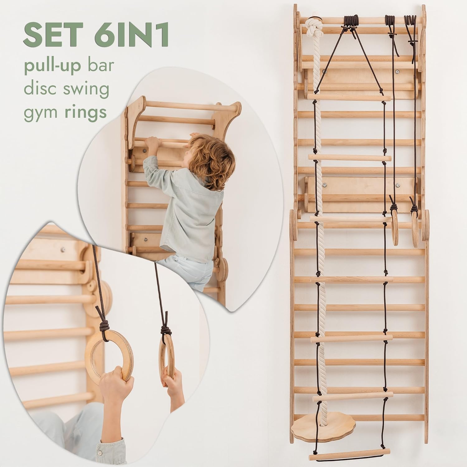 6-in-1 Indoor Playground for Kids – Wooden Swedish Wall, Climbing Ladder, Slide, Swing, Gymnastics Rings, Rock Climbing Wall – Jungle Gym Play Set for Ages 2-12