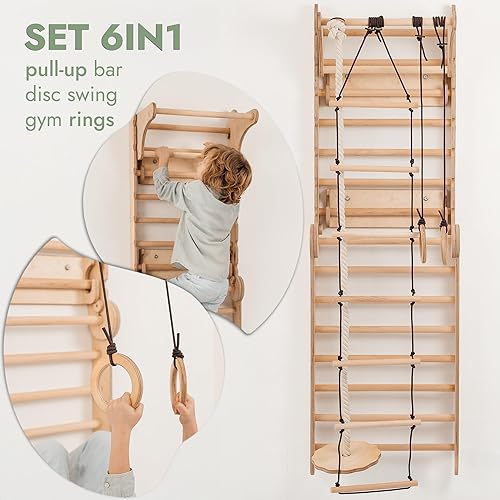 Vista 3 de 6-in-1 Indoor Playground for Kids – Wooden Swedish Wall, Climbing Ladder, Slide, Swing, Gymnastics Rings, Rock Climbing Wall – Jungle Gym Play Set
