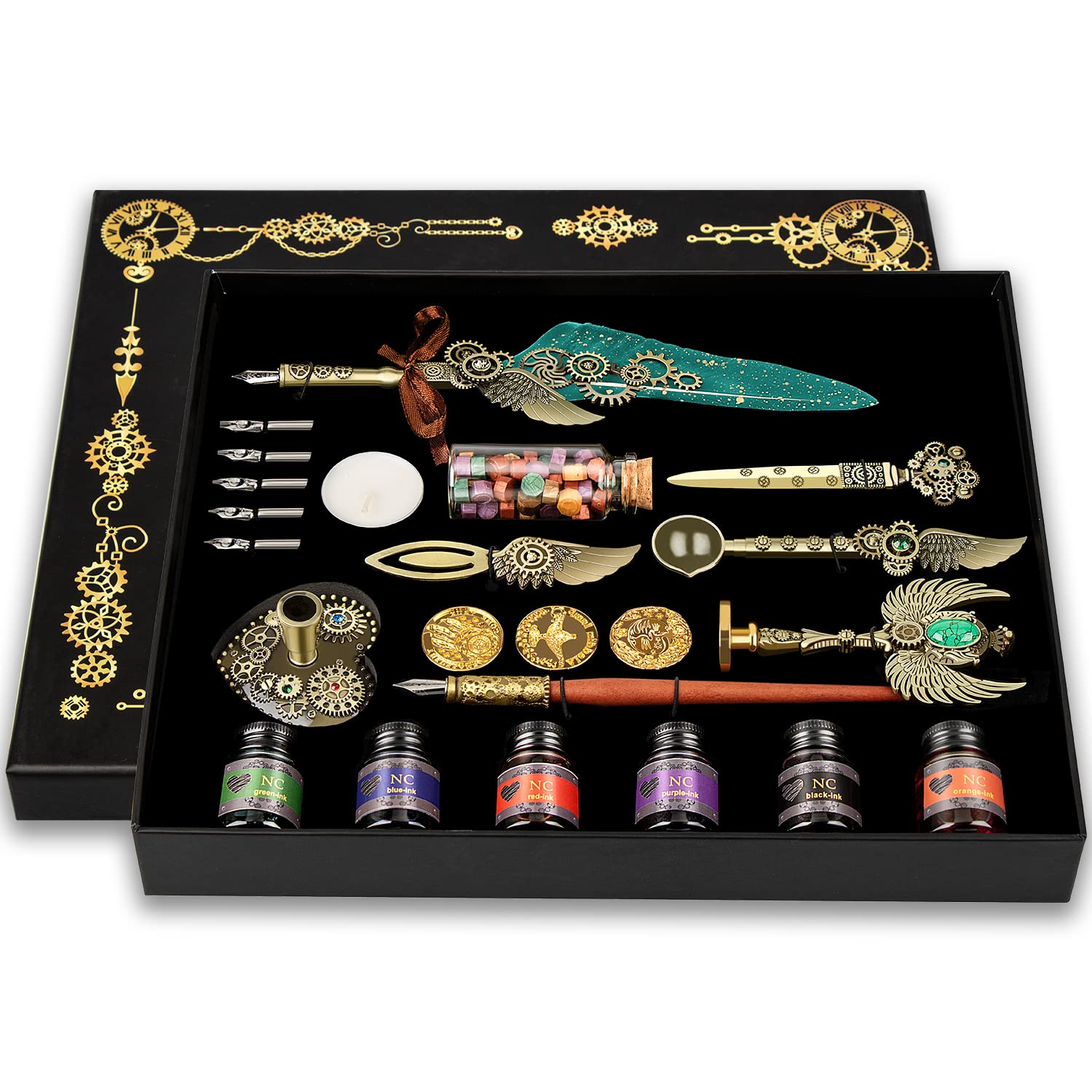 NC Quill Pen and Ink Set，Feather Pen Ink Set, Wax Seal Stamp Set, Feather Calligraphy Pen Set, Valentine's Day Gift for Writing Lovers Birthday Gift, Various Holiday Ideal Gift (Green)