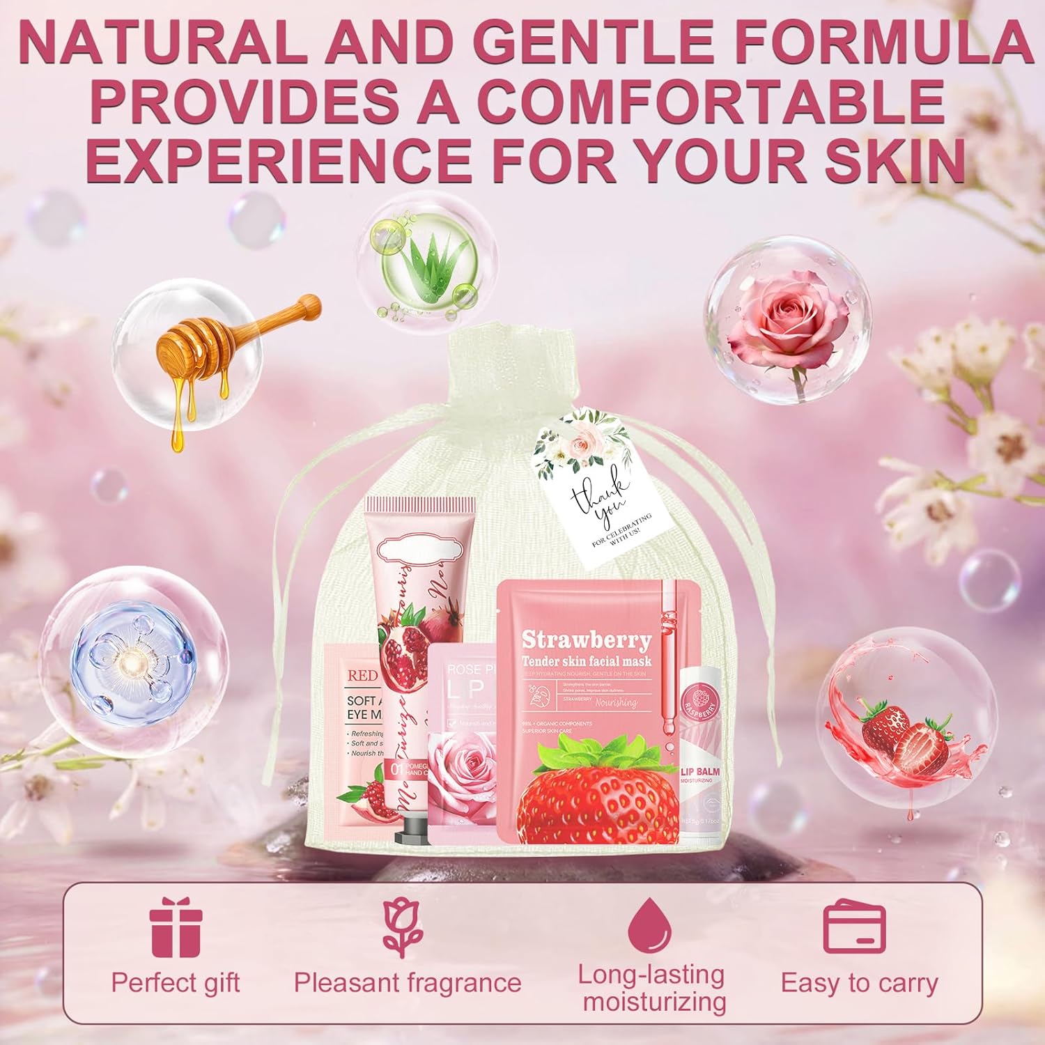 JAOJAO 70PCS Spa Party Supplies for Women, Spa Party Favors with Hand Cream, Lip Balm, Face Masks, Under Eye Patches, Lip Mask, Organza Bag and Thank You Card Used for Women Girlfriend Wife Mother