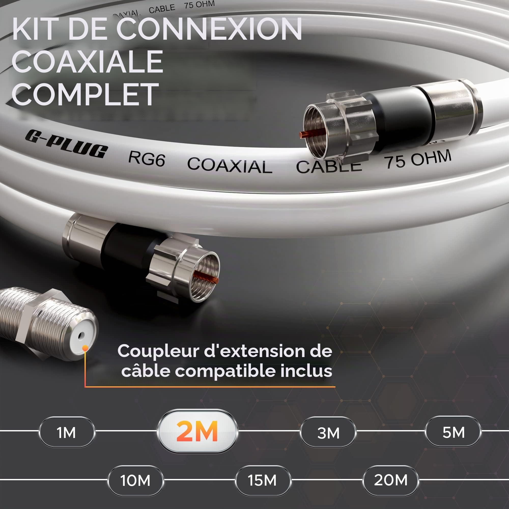 Câble Coaxial RG6 2m avec Connecteurs à Compression – Câble Antenne TV Numérique Satellite Rallonge Étanche Intérieur Extérieur