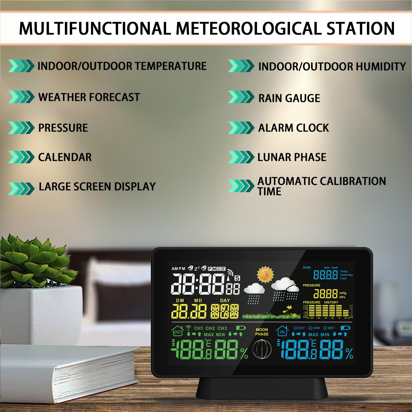 Stazione meteo wireless per interni ed esterni con pluviometro, stazione meteo domestica con termometro, orologio atomico, monitoraggio dell'umidità, previsioni meteo e barometro, pluviometri digitali