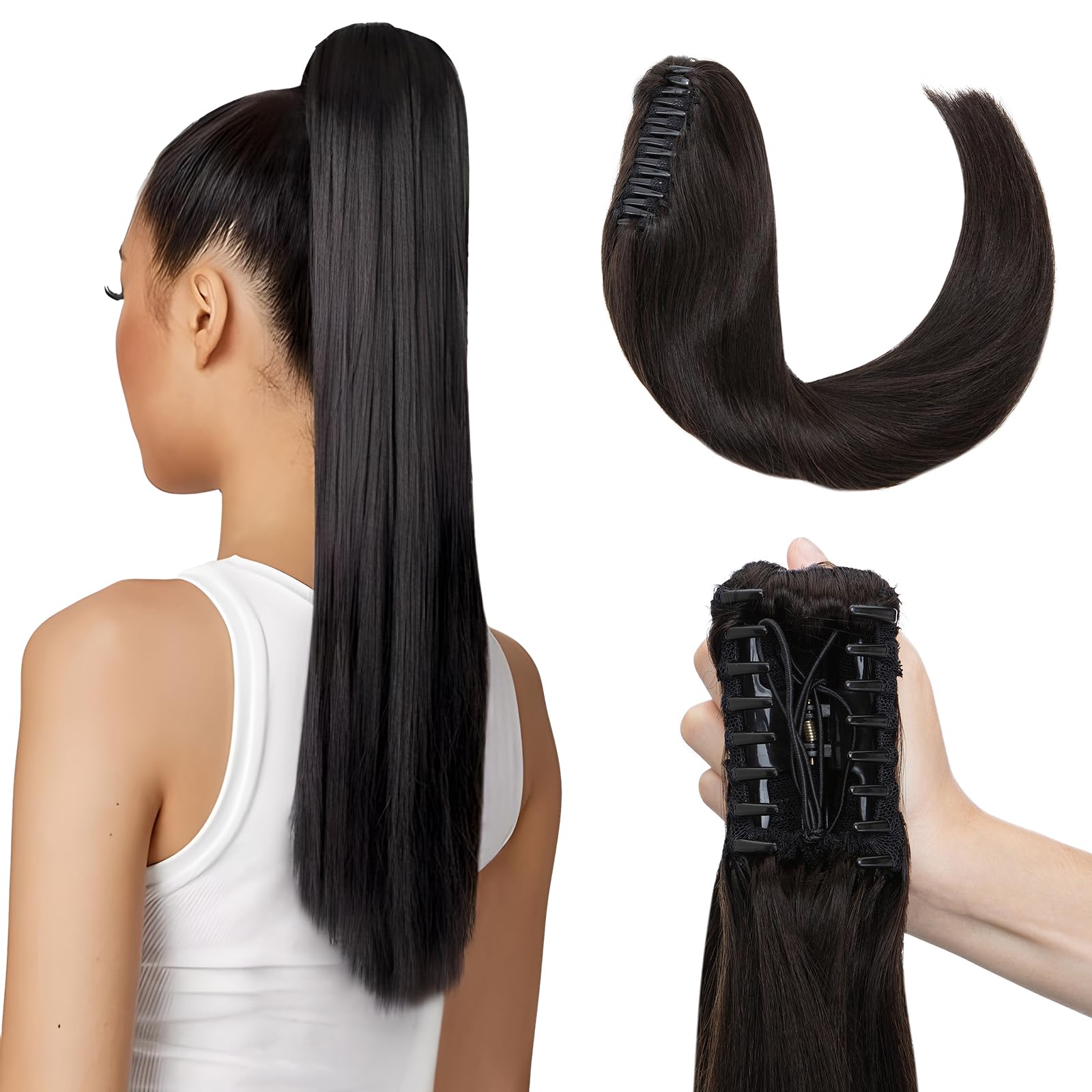 Elailite Haarverlängerung Echthaar Extensions Pferdeschwanz Ponytail Zopf 50cm 120g Haarteile mit Klammer Remy Glatt Human Hair 20 Zoll #1B Natürliches Schwarz