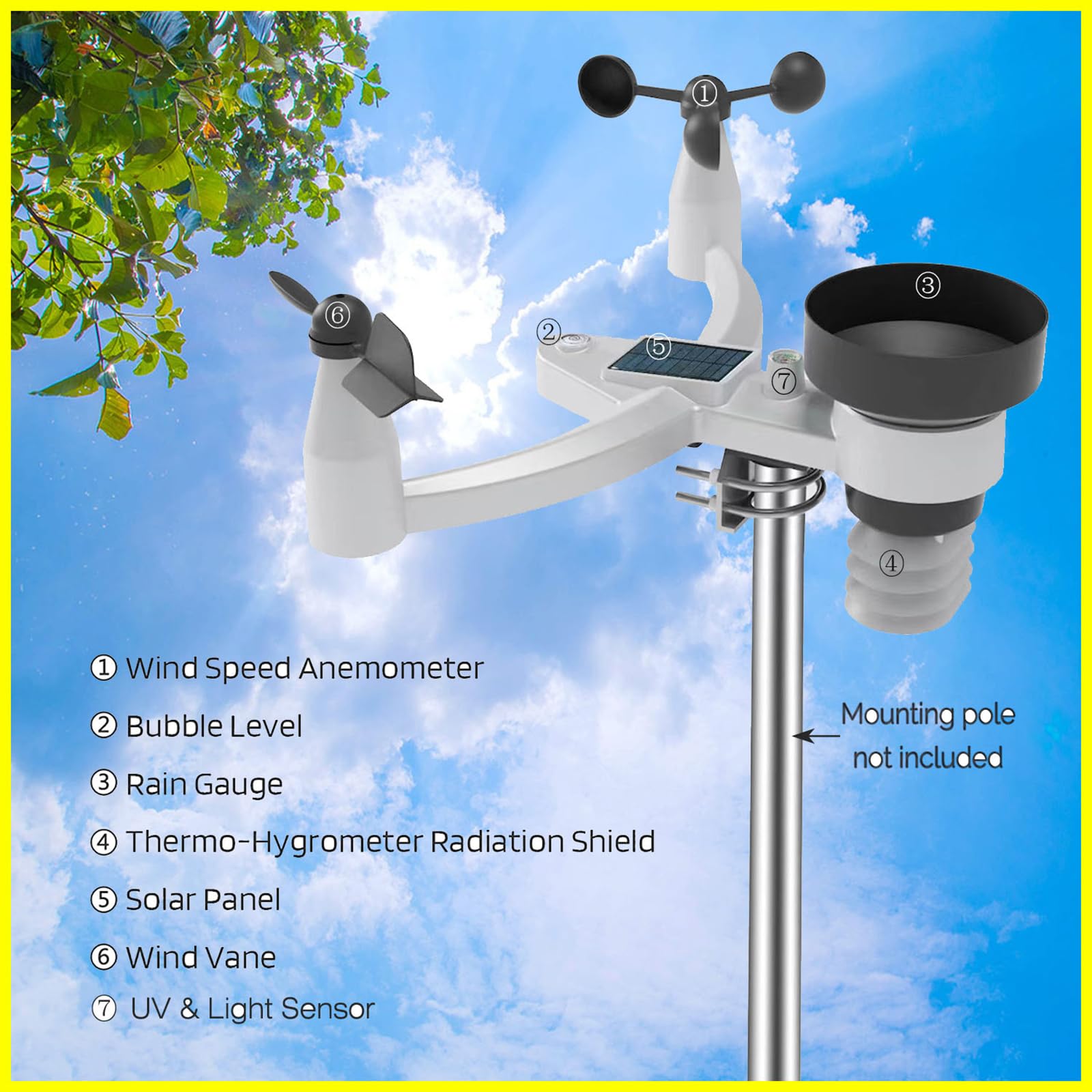 Estación meteorológica 7 en 1 con sensor exterior, sistema de monitoreo meteorológico WiFi, estaciones meteorológicas inalámbricas con energía solar con pronóstico del tiempo, medidor de temperatura y