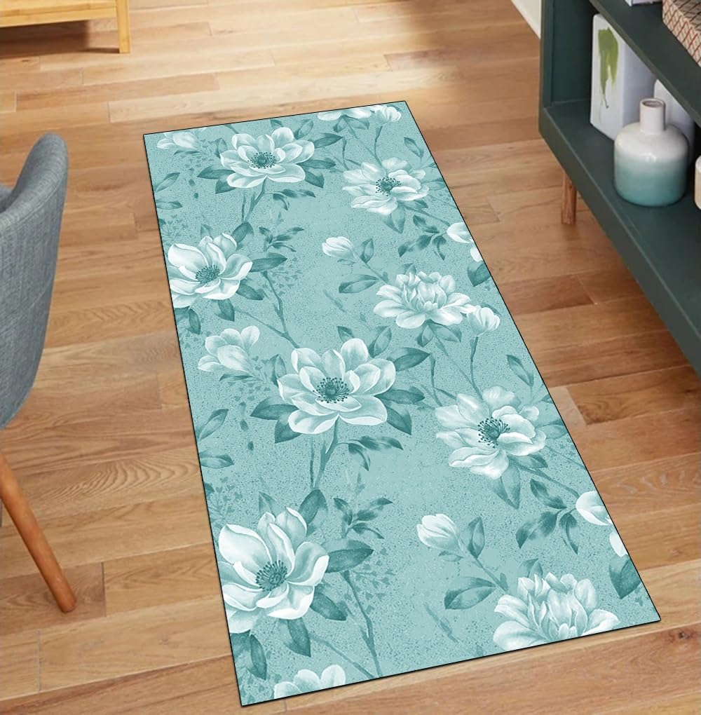 Alfombra para cocina lavable y antideslizante con diseño floral cian de 100 x 100 cm