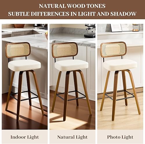 Miniatura 7 de Bekrvio Juego de 3 taburetes de bar giratorios de altura de mostrador, taburetes de bar tapizados de piel sintética con respaldo de ratán, sillas de