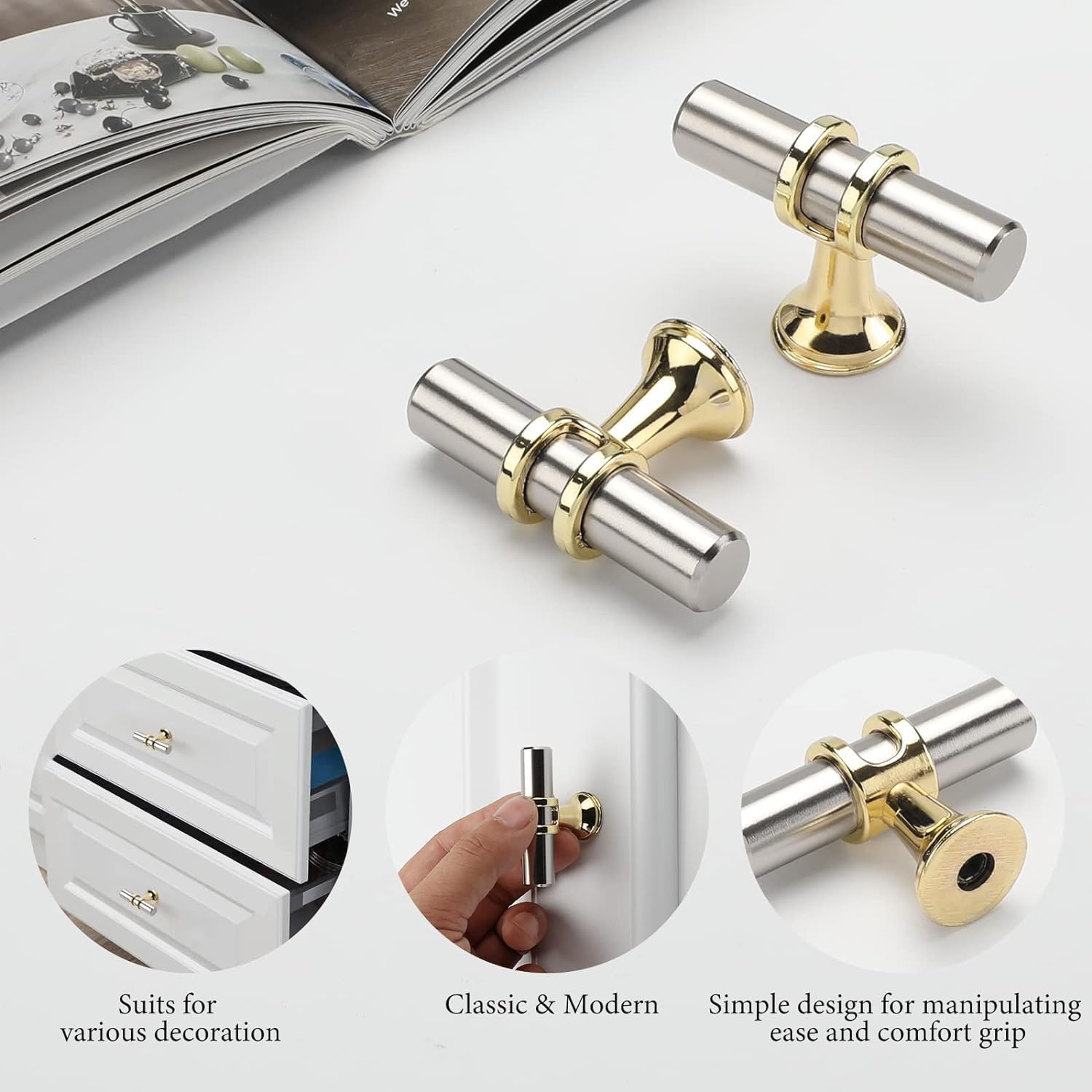Haliwu 20 Pack Brushed Nickel Cabinet Knobs, Gold Cabinet Knobs Kitchen Handles Knobs Gold Kitchen Hardware Knob, 2 inch(50mm) Single Hole Knob T Bar Knob for Drawer Dresser