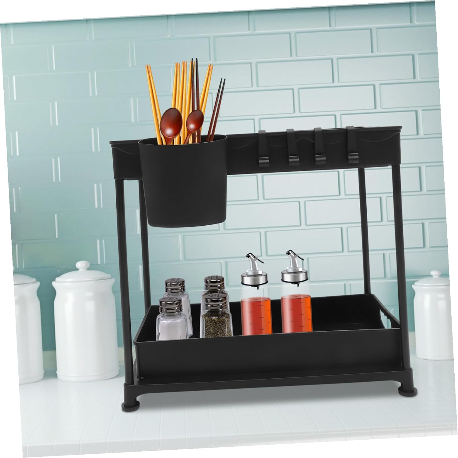 Under Sink Organizer Pull Out Sliding Storage Rack with Hook Space-saving Kitchen Cabinet Organizer for Sink and Countertop Easy Install Removable Black Storage Basket