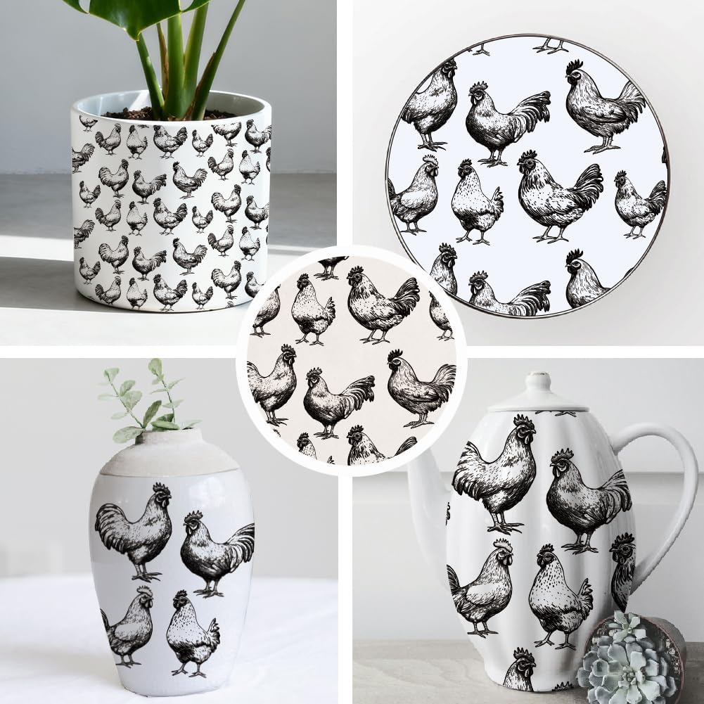 SUPERDANT 4PCS Rooster Hen Underglaze Paper Transfer Chicken Transfer Paper for Clay Ceramic Porcelain Under Glaze Transfers for Pottery Farm Animal Enamel Decals Handcrafted Gifts