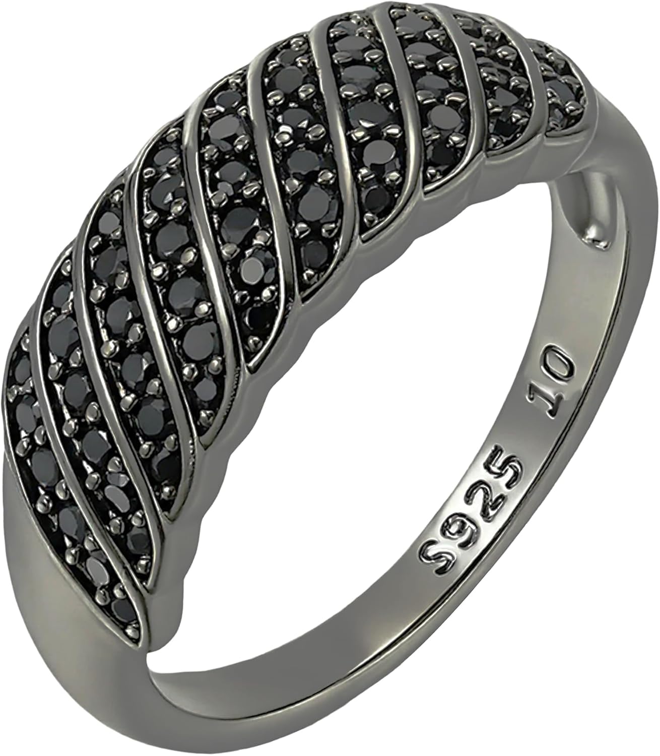 all black Statement rings for women, Sterling Silver with Black Zircons, Wavy Vintage Wide Band, Size 6-10
