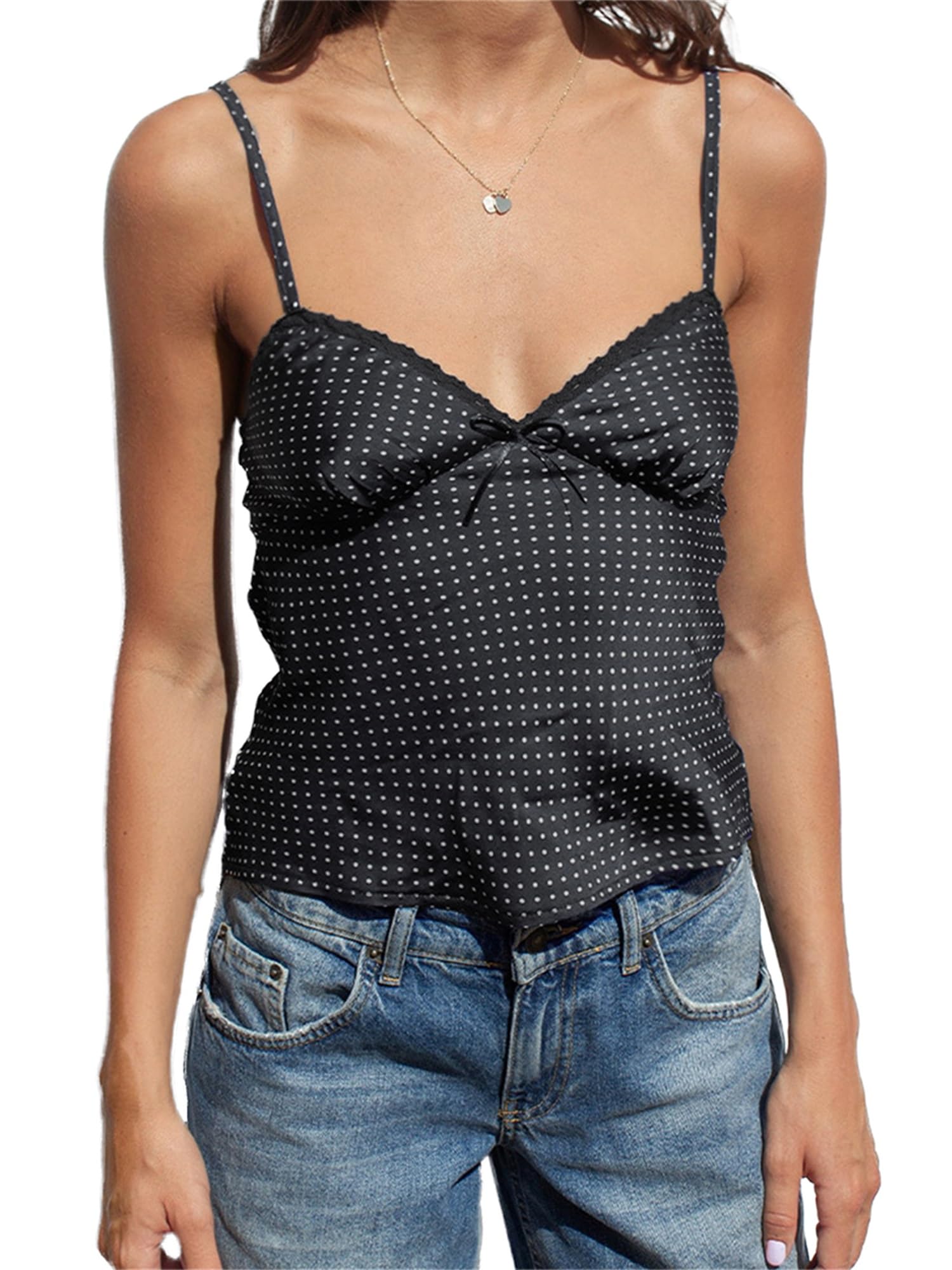 Sexy Outfit Top de Tirantes Y2K con Encaje de Lunares, Cuello en V, Correa de Espagueti, Ajustado, sin Mangas, para Verano, Casual, para Salir