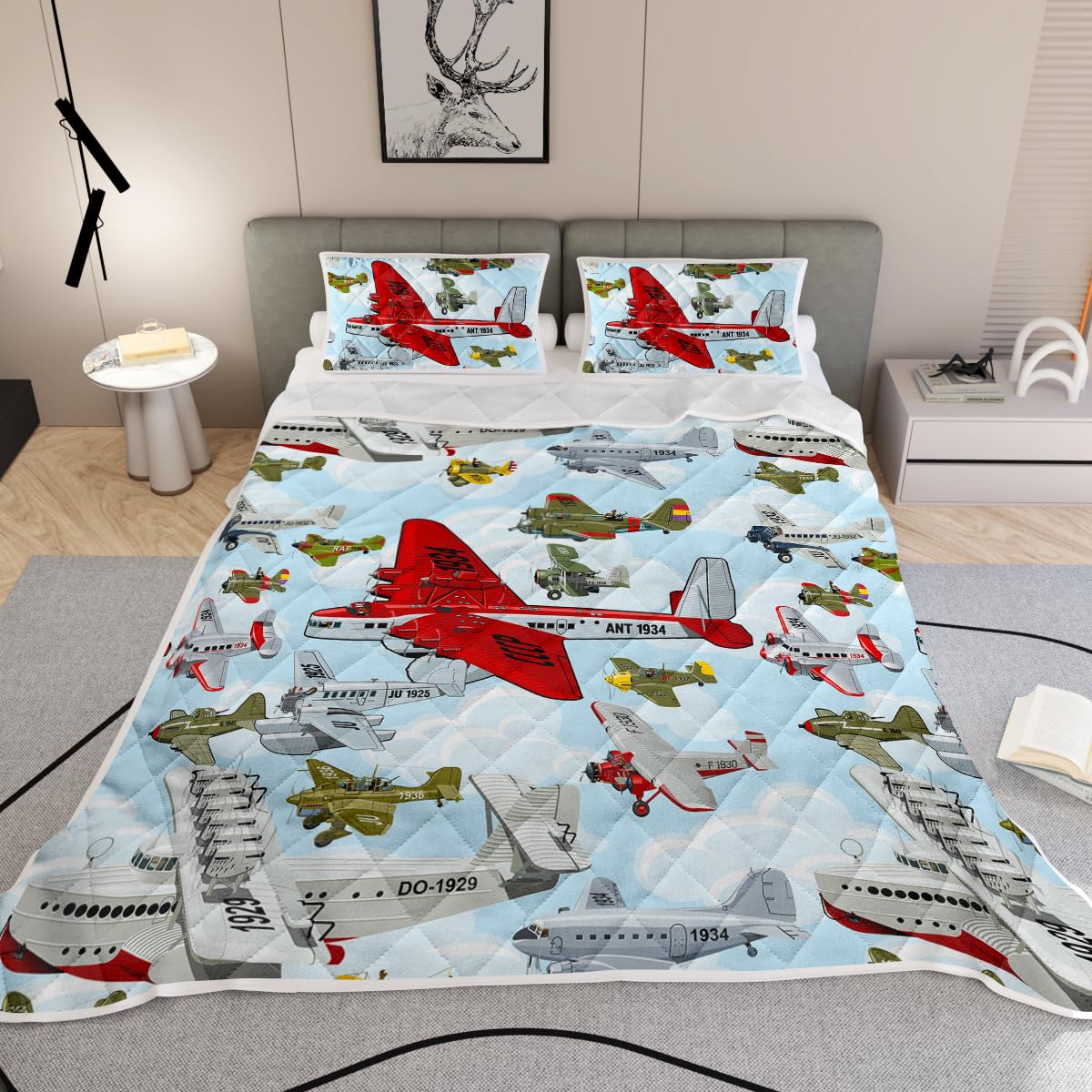 MILANKET Aircraft Bedspread Coverlet Set King Size, Airplane Print Quilt Set Boys Girls Bedroom Decor Aircraft Flying Coverlet Set with 2 Pillow Shams Microfiber Lightweight Quilt Coverlet Bed Set