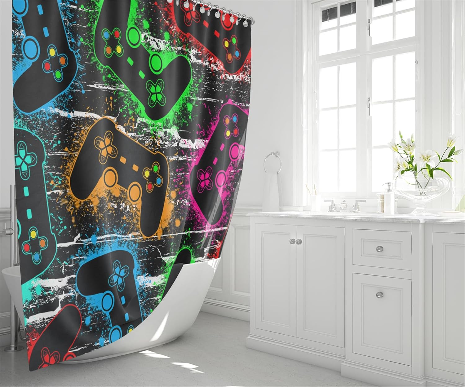 4 Pcs Gaming Shower Curtain Set for Bathroom - Gamepad Bathroom Set for Boys, Game Shower with Rugs, Splash Color Game Controller Curtain with 12 Hooks, 70" x 70"