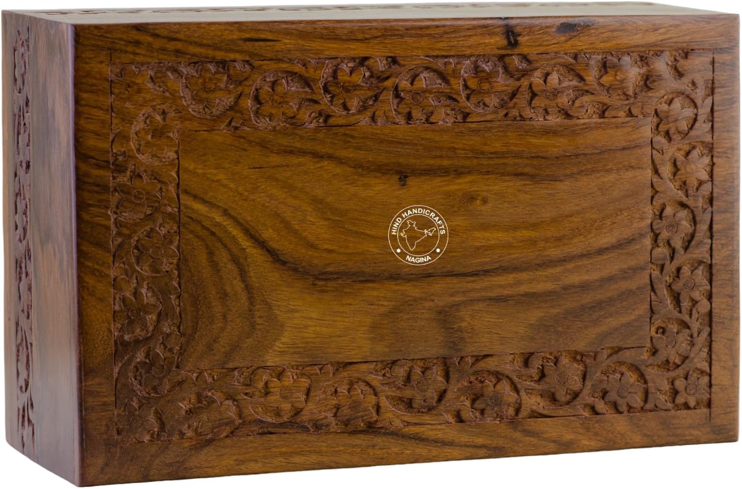 Handmade Rosewood Cremation Urn Box for Human Ashes Adult โ Hand-Carved Funeral Memorial Keepsake with Floral Engraving, Wooden Burial Urn (Large : 9" x 5.5" x 4.5" - 180lbs or 72kg, Natural)