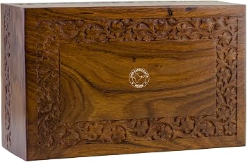 Handmade Rosewood Cremation Urn Box for Human Ashes Adult   Hand-Carved Funeral Memorial Keepsake with Floral Engraving, Wooden Burial Urn Large 9" x 5.5" x 4.5" - 180lbs or 72kg, Natural
