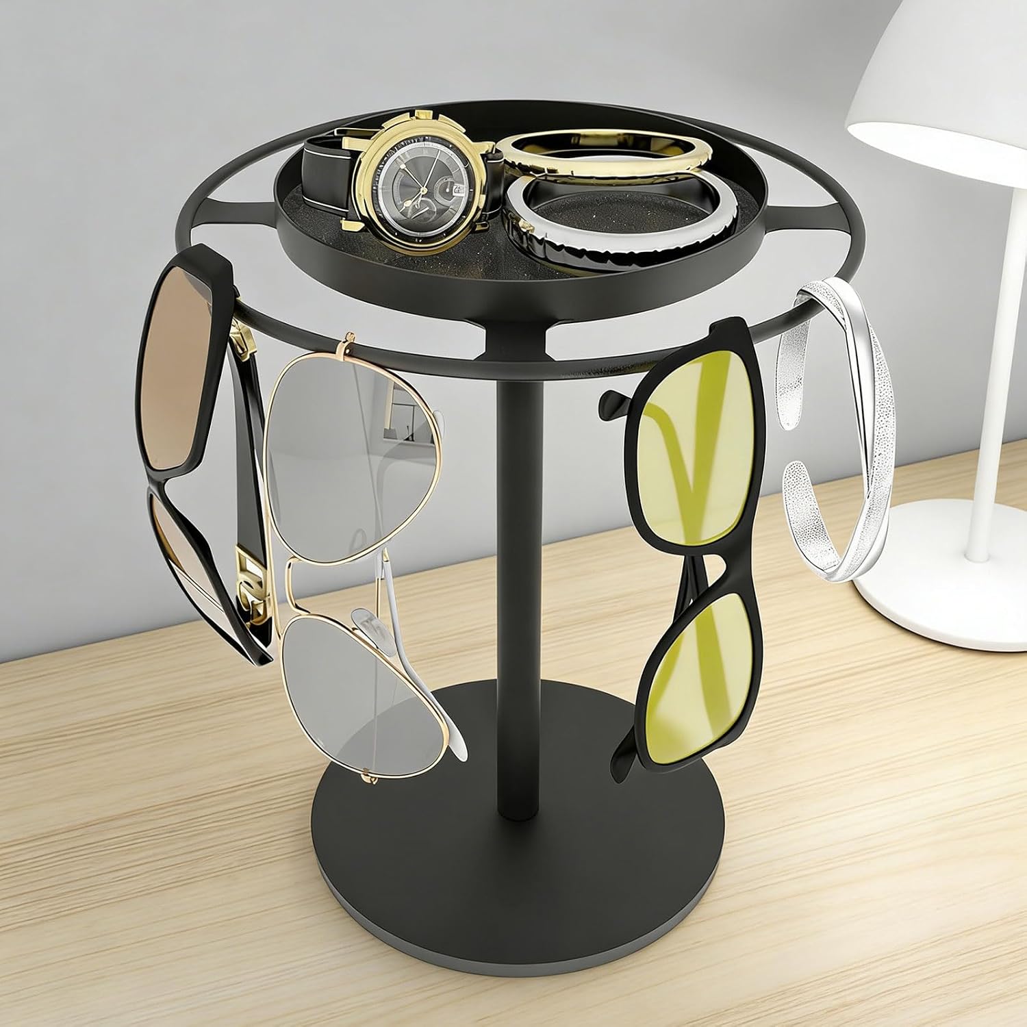 Metal Sunglasses Organizers, Glasses Holder Stand with Storgae Tray, Eyeglasses Holder for Tabletop, Dresser Home Decors Eye Glass Display Rack