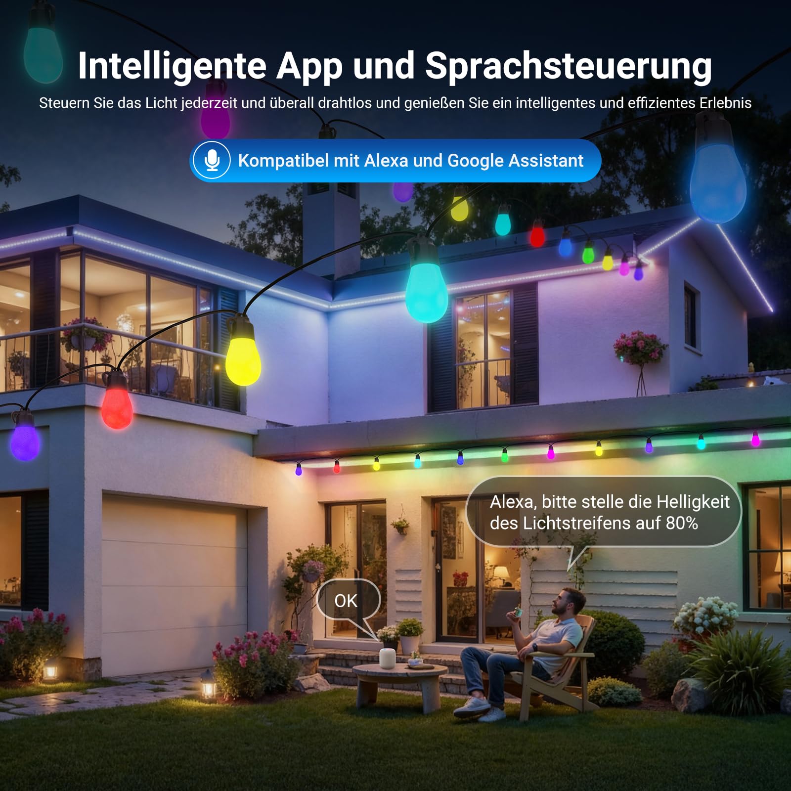 NEEWER 96ft Außen Lichterkette, App steuerbar, Smart AI RGB IC, zum Aufhängen im Freien, warmweiß, Beleuchtung für Terrasse, Balkon und Garten, wasserdicht (IP65), kompatibel mit Alexa Google, NR01