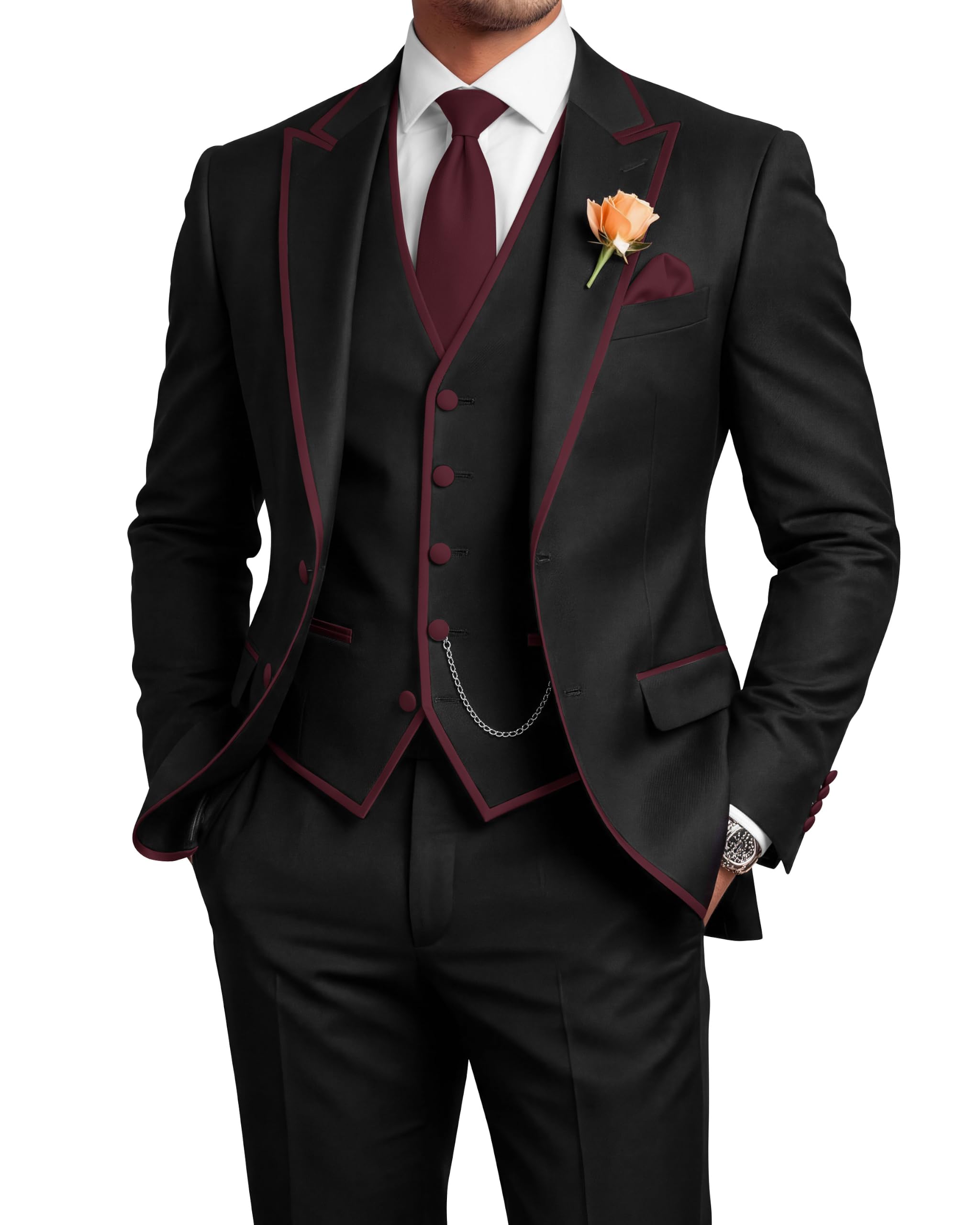 Men's 3 Piece Tuxedo for Men Slim Fit Black Wedding Suits for Groom Groomsman Prom Graduation Jacket Vest Pants
