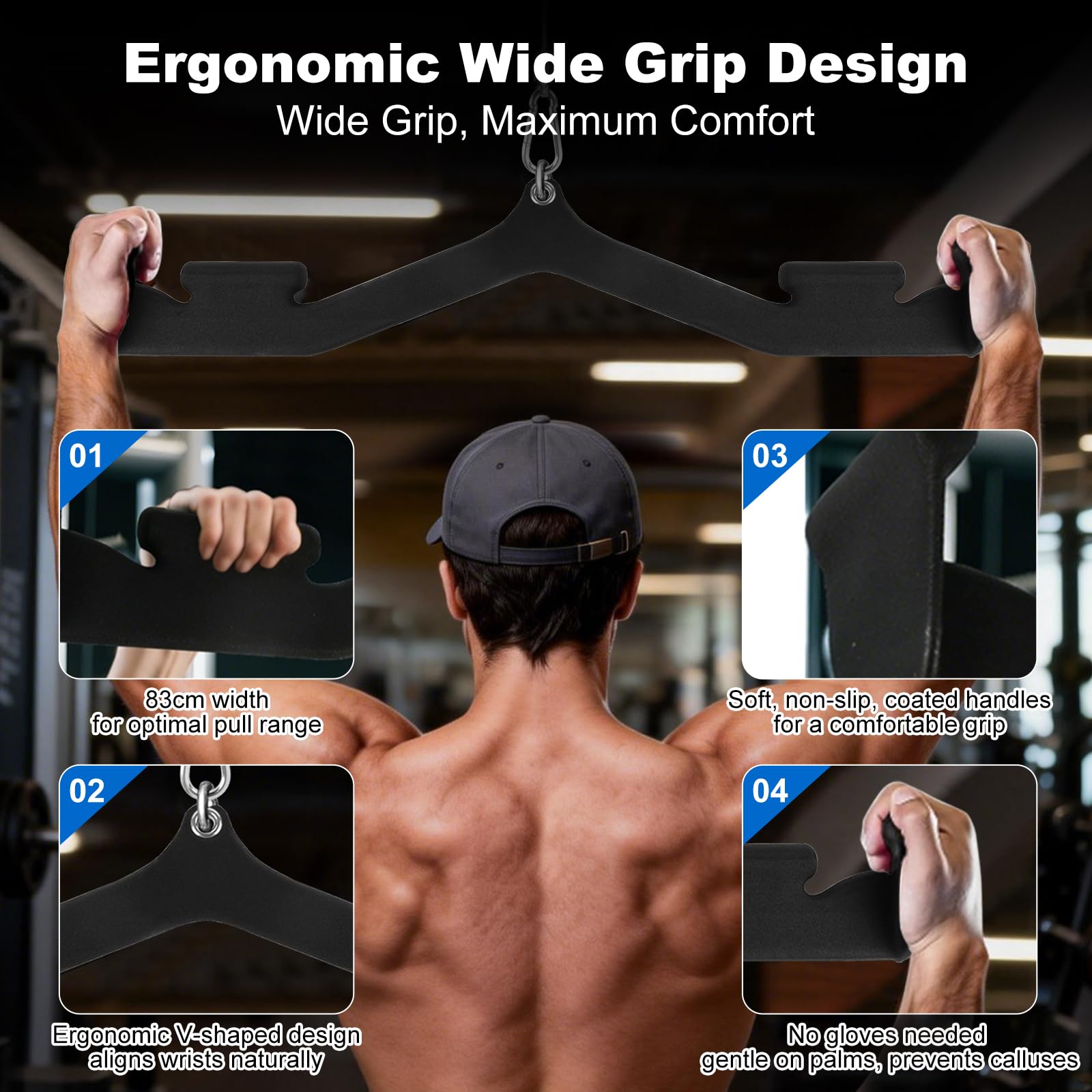 Barre de Tirage Lat Pulldown, Poignée Large en V à 4 Axes pour Poulie, Poignées Ergonomiques Antidérapantes, Accessoire Musculation Dos pour Grand Dorsal, Trapèzes & Grand Rond, 3,44 kg