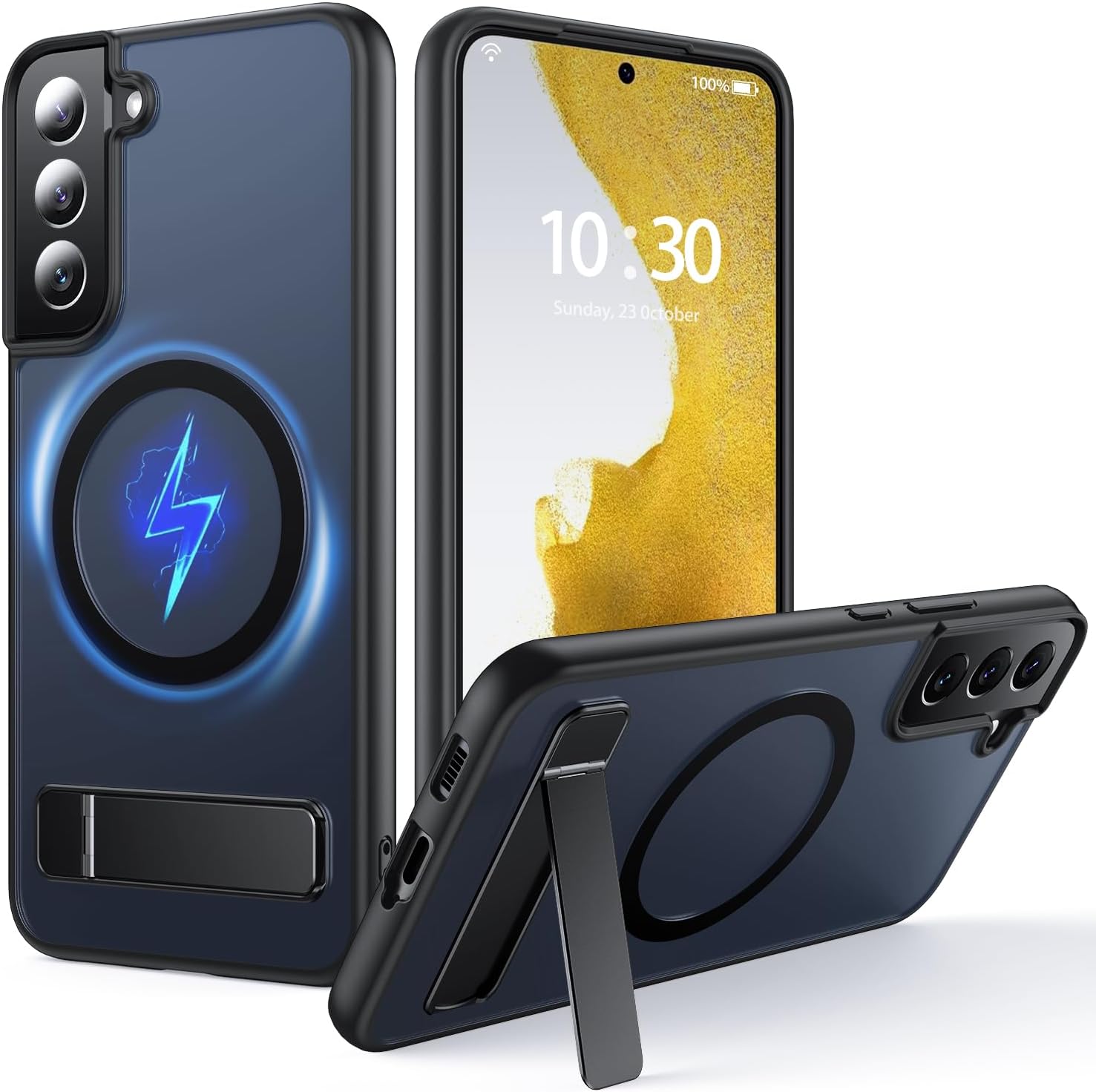 FNDMIL for Samsung Galaxy S22 Plus Case with MagSafe [Adjustable Kickstand] [Charge While Standing] [Military Shockproof] Translucent Matte Soft Silicone Bumper for S22 Plus Phone Case Slim, Black