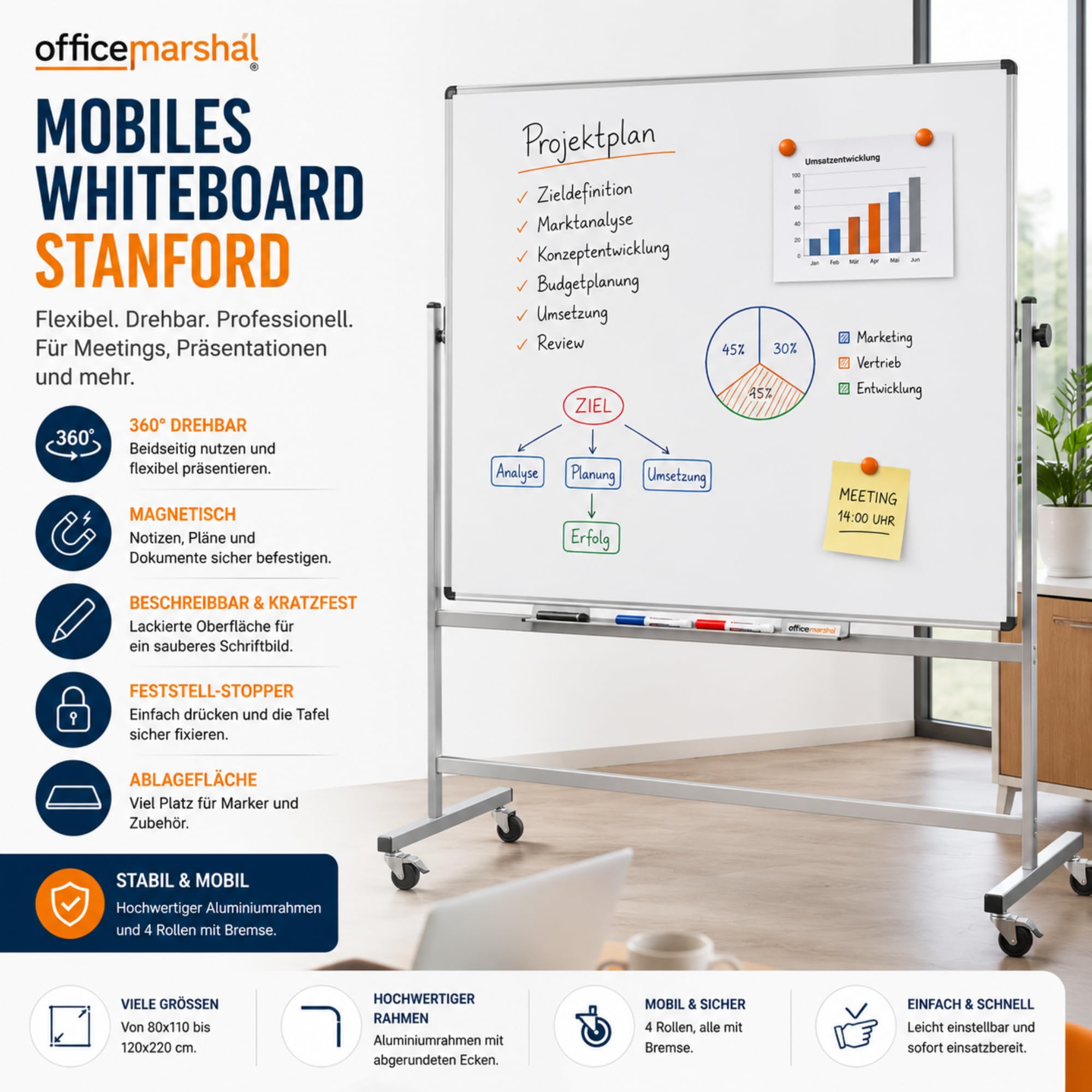 Whiteboard Stanford | Lackiert oder Emailliert | Doppelseitig & drehbar | Magnettafel mit Alurahmen & Stiftablage | Mobil in 5 Größen (120 x 180 cm, Lackiert)