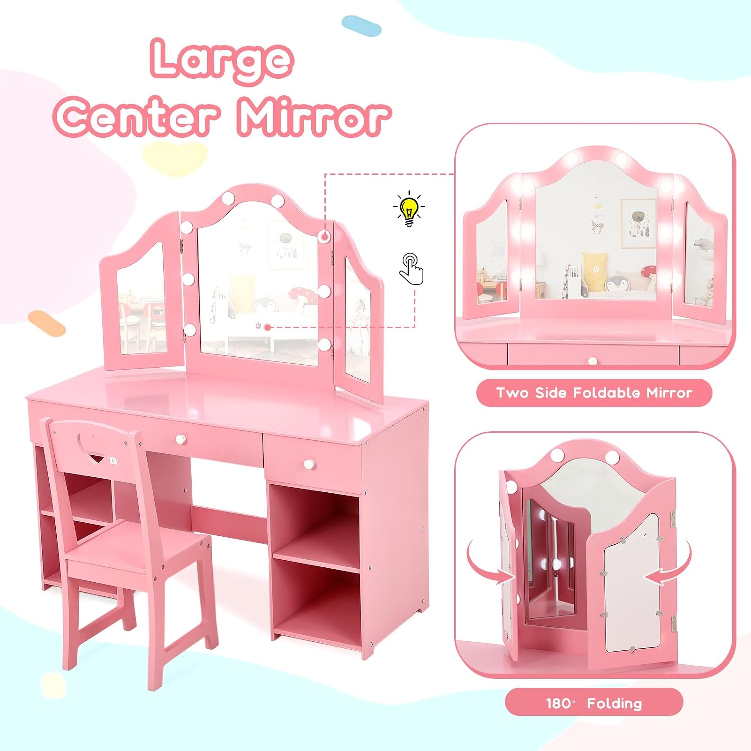 Kids Vanity with Lights, Princess Makeup Vanity Desk with Storage Cabinet & Touch Light Detachable Tri-Folding Mirror, 2 in 1 Toddler Vanity Table & Chair Set Wooden Girls Vanity Dress Table for Girls