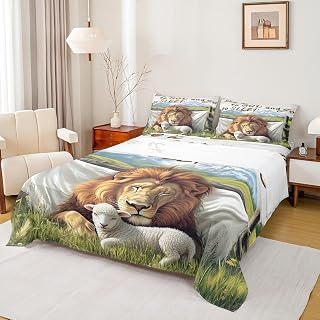 Lion and Sheep Bed Sheets Twin Size,Bible Verses Christian Bedding Sets 3Pcs for Kids Teens Adult Room Decor,Wild Animals Fitted Sheet Nature Scenery Painting Art Top Flat Sheets,1 Pillowcase