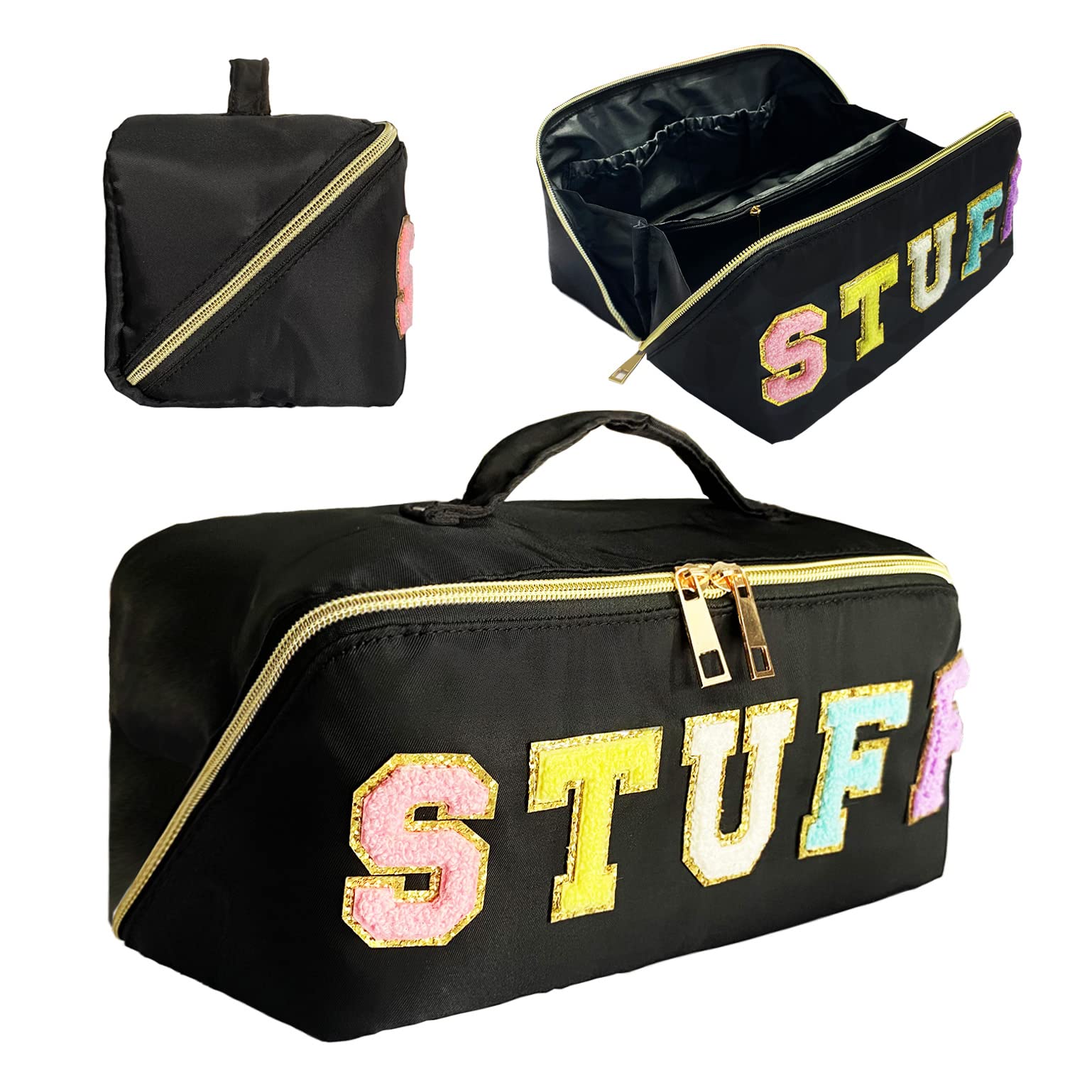 Stoney Clover Dupes Preppy Makeup Bag Black Stoney Clover Stuff Bag for Travel Chenille Letter Bag Large Capacity Travel Cosmetic Bag Nylon Pouch