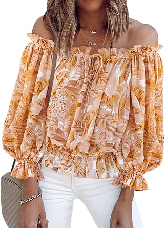 BLENCOT Summer Sexy Off Shoulder Tops for Women Boho Ruffle Sleeve Floral Chiffon Shirts Blouses