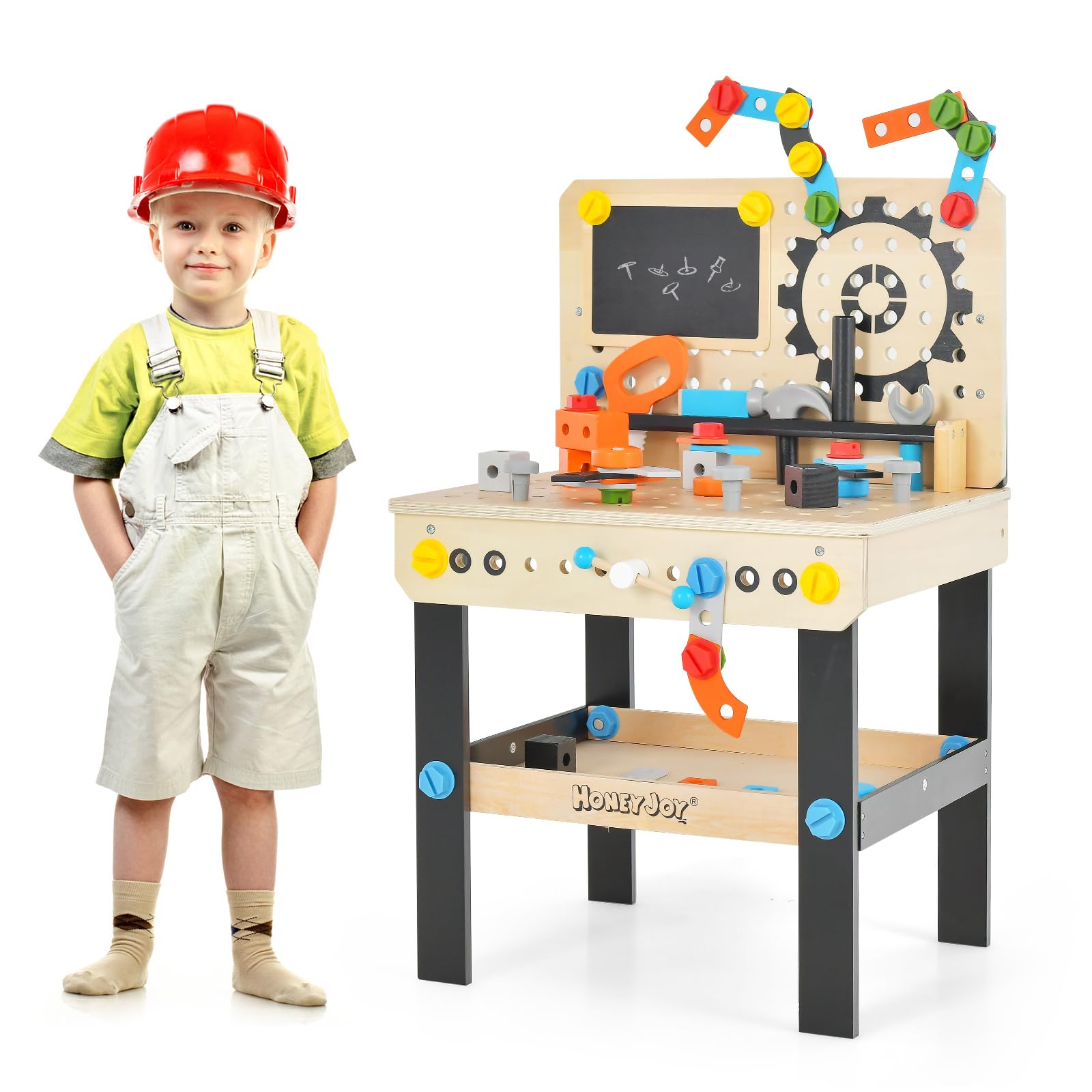 GYMAX Giocattolo da Banco da Lavoro per Bambini con 6 Attrezzi e 75 Accessori, Banco degli Attrezzi con Lavagna e Portautensili Appeso, Giocattolo per Fai da Te, Bambini 3 Anni+