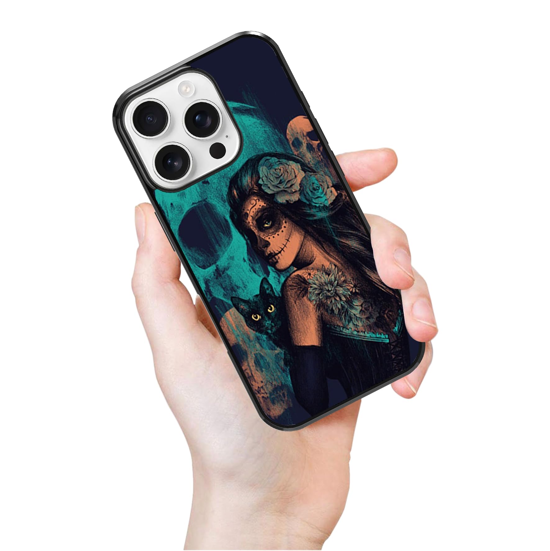 Funda para iPhone 16 Pro – Día de los Muertos, diseño de gato negro y calavera – TPU protección de absorción de golpes