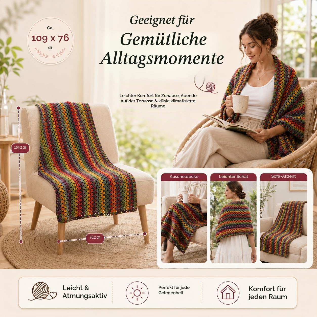 Aeelike Häkel-Decken-Set für Anfänger, Vintage-Regenbogen-Decke, Komplettes Starter-Häkelset mit ausreichend warmem Ombre-Wollgarn, Video-Anleitung, Einfache Häkeln Set für Häkel-Fans