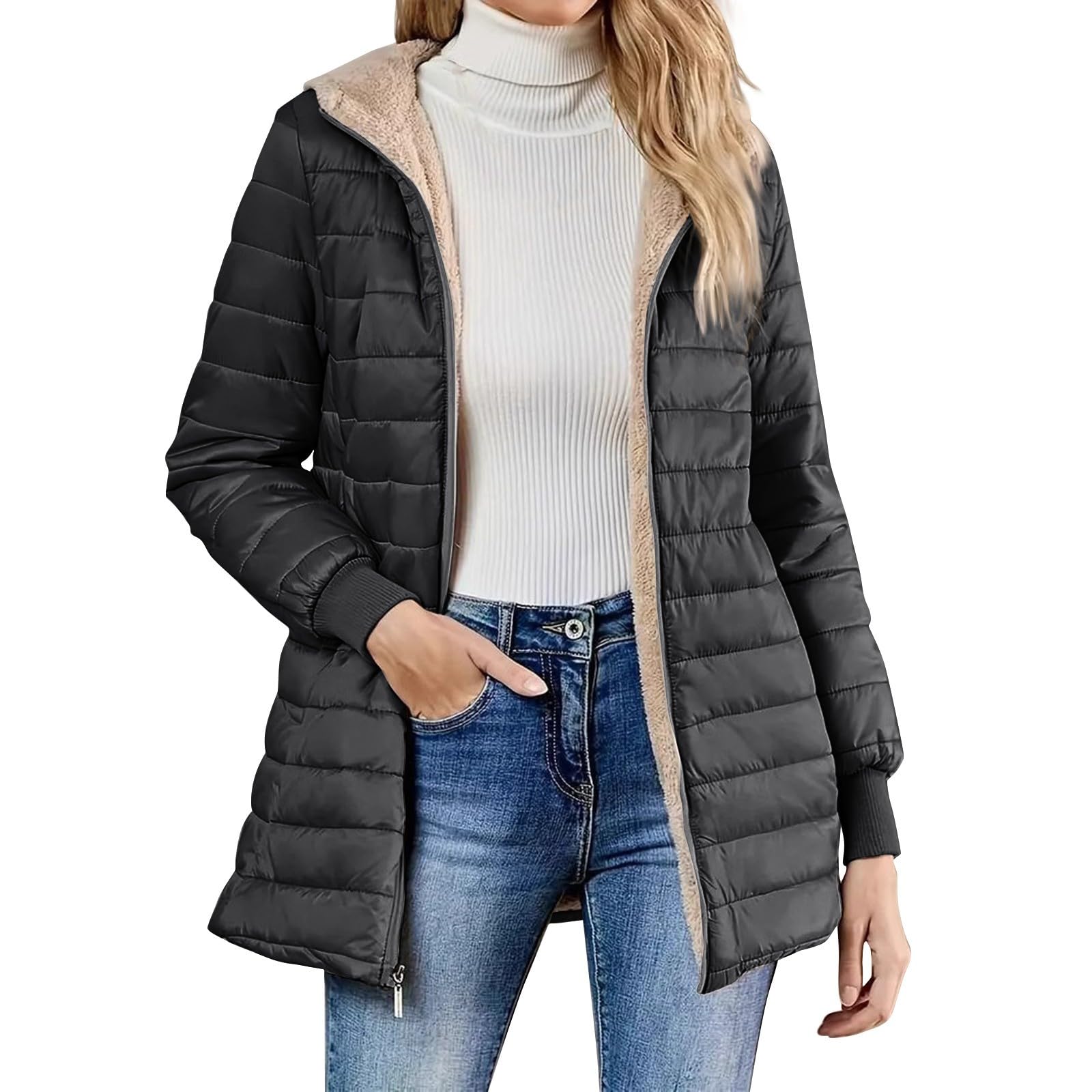 Chaqueta De Plumas para Mujer Manga Larga con Capucha Color Liso - Chaqueta Mujer Entretiempo con Bolsillo Cremallera Moda Transpirable Suave Cazadoras Deportiva Termica Plumíferos