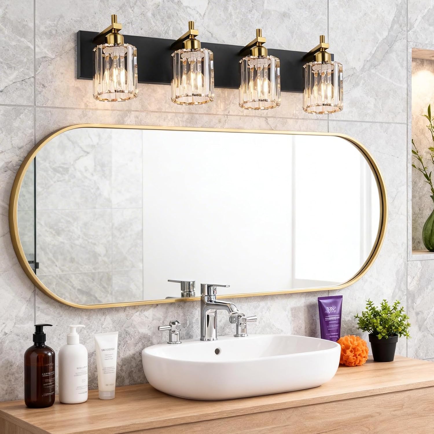 She's home 4 Light Crystal Vanity Lights for Bathroom - Black and Gold Modern Bathroom Vanity Lights Over Mirror 28 Inch, Bathroom Wall Lighting E26 Base