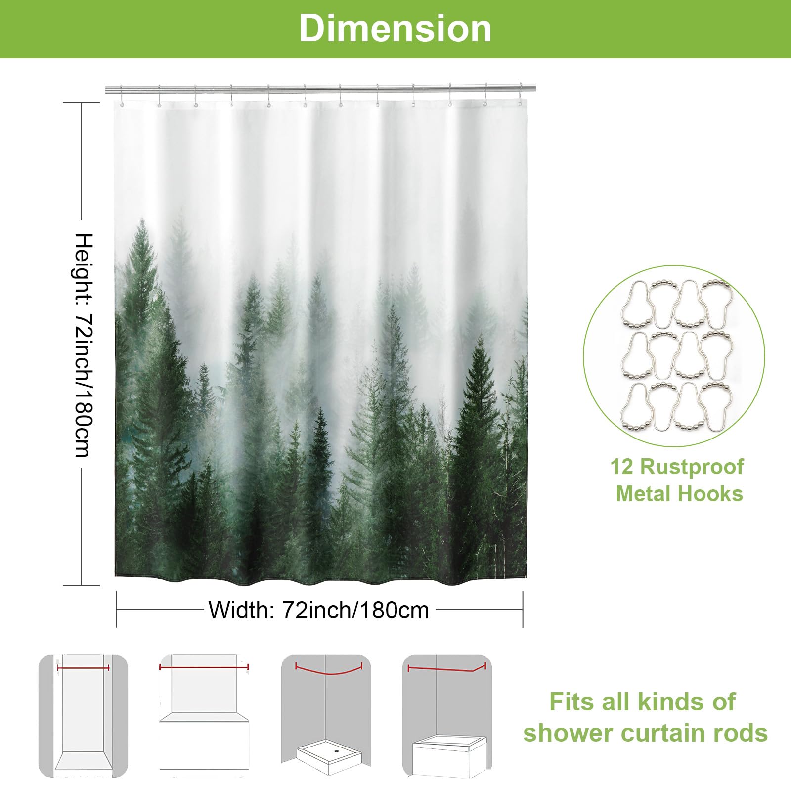 ORTIGIA Green Misty Forest Shower Curtains,Nature Shower Curtain,Woodland Shower Curtain,Fantasy Fog Magic Tree Bath Curtain for Bathroom,Fall Shower Curtain,Waterproof Polyester Fabric-72 Wx72 L - Image 2
