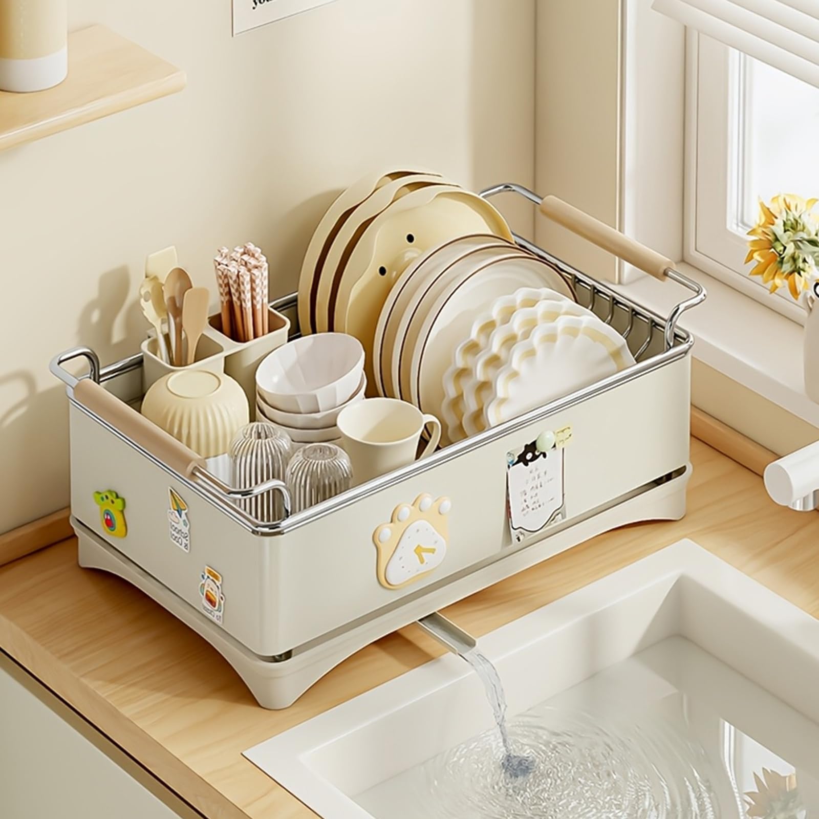 Scolapiatti con vaschetta raccogligocce e portaposate | Scolapiatti per piccola cucina, beccuccio girevole a 360°, in acciaio inox, scolapiatti per lavello