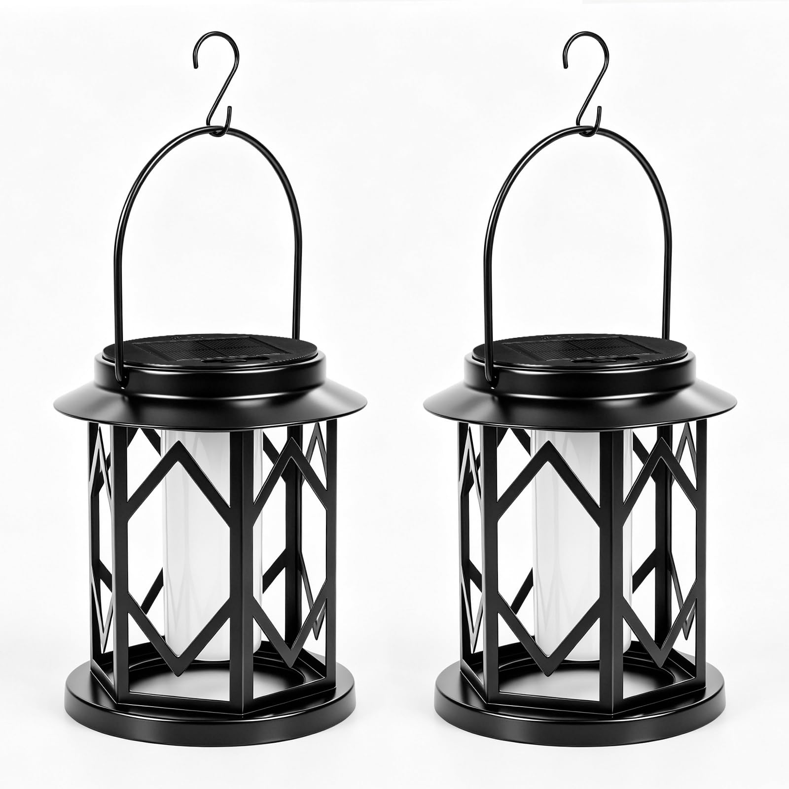 Ketom 2 Pièce Lanterne Solaire Exterieur Jardin, avec Poignée et Crochets | Lampe Solaire avec Bougie Vacillante LED, Lanternes Solaires Exterieures IP65 Étanche, pour Camping Pelouse Balcon Cour