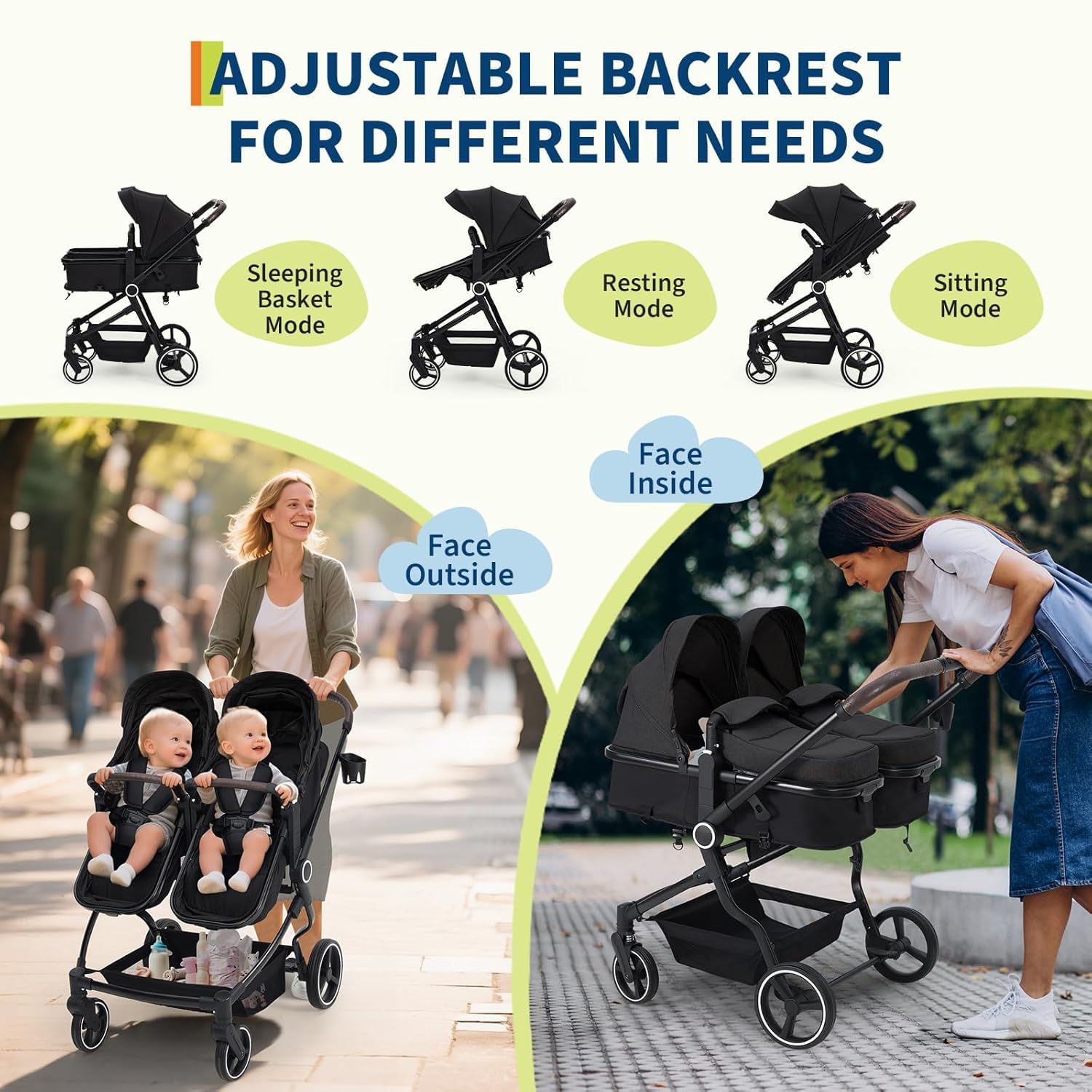 Garvee Poussette Double Légère, Pliable De Voyage, Position Allongée, Avec Siéges Réversibles, Nacelle Bébé, Charge Max 30 kg, De La Naissance à 36 Mois, Noir