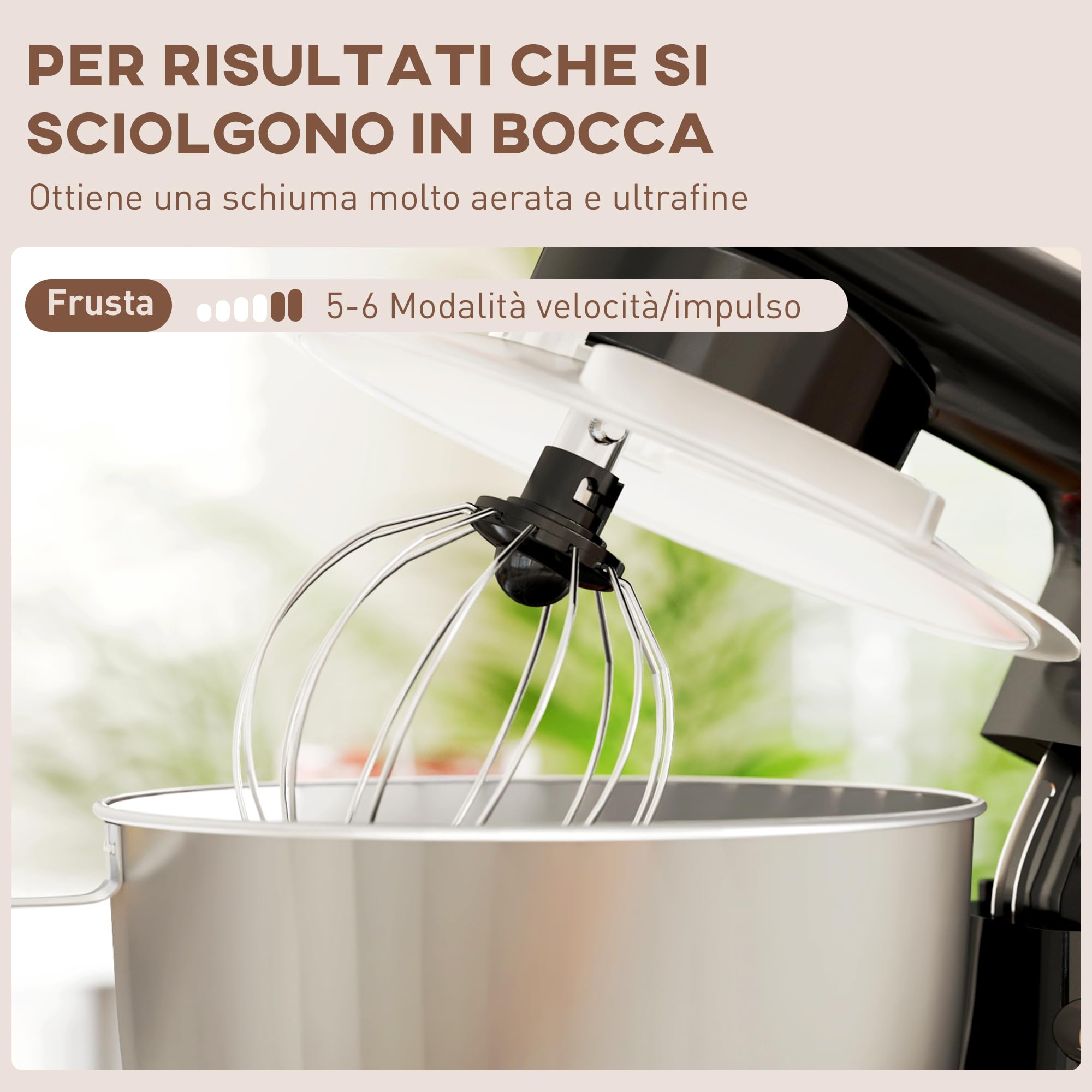 HOMCOM Impastatrice Planetaria 4.5L 6 Velocità con Frusta e Gancio