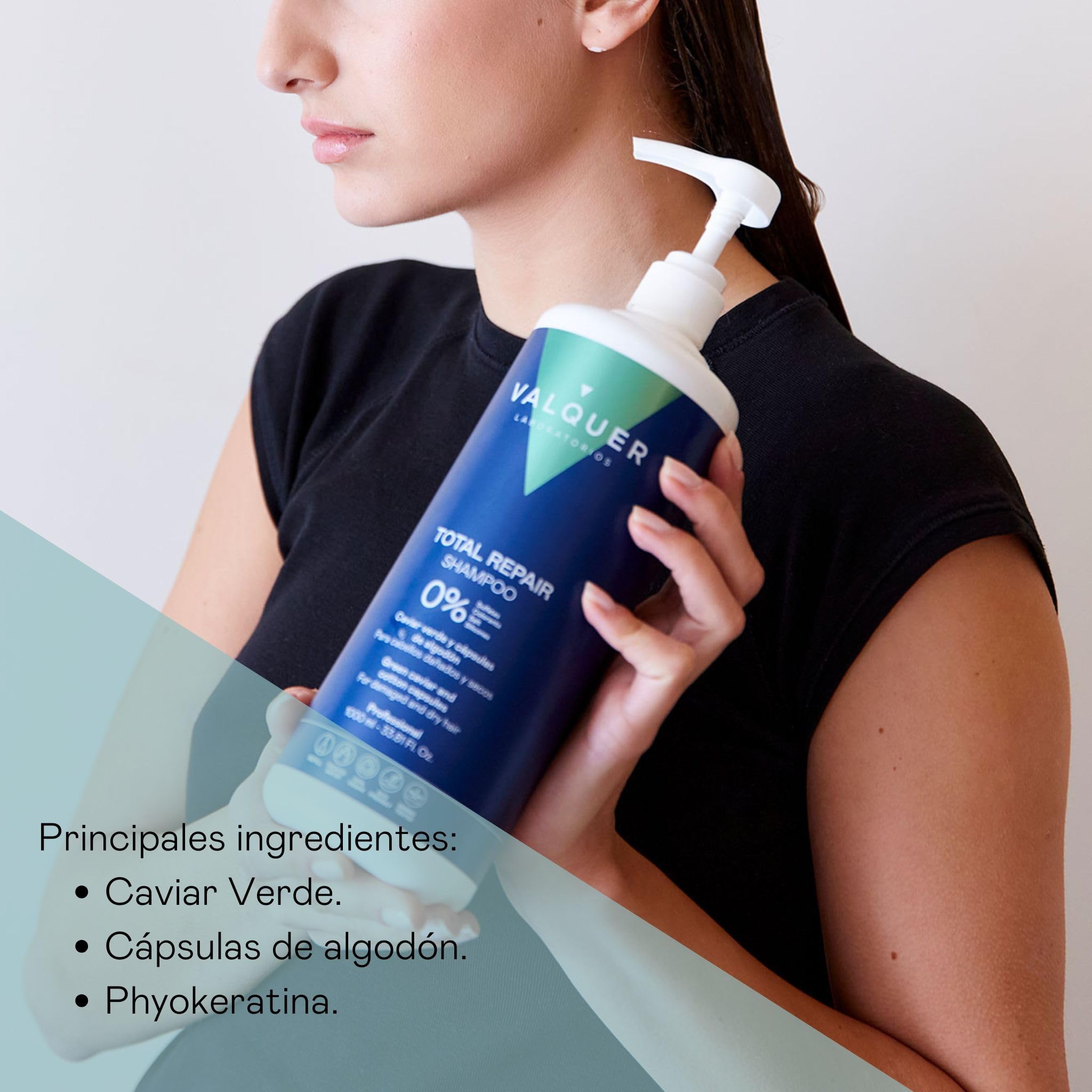 Valquer Champú Total Repair Zero. Repara, Suaviza e Hidrata el Cabello Dañado y Seco. Hidratación Intensa y Nutritiva. Con Caviar Verde, Panthenol, Vitamina E y Cápsulas de Algodón. Vegano. 1 L.
